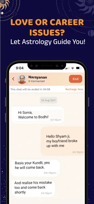 Bodhi chat interface — live conversation with astrologer showing timer and recharge option