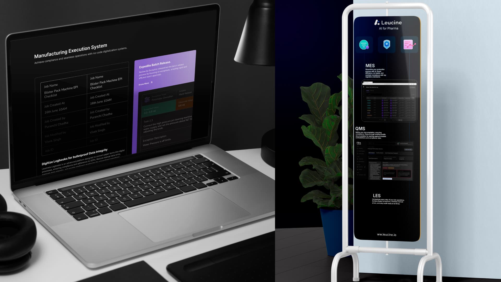 MES product screens shown beside a standee