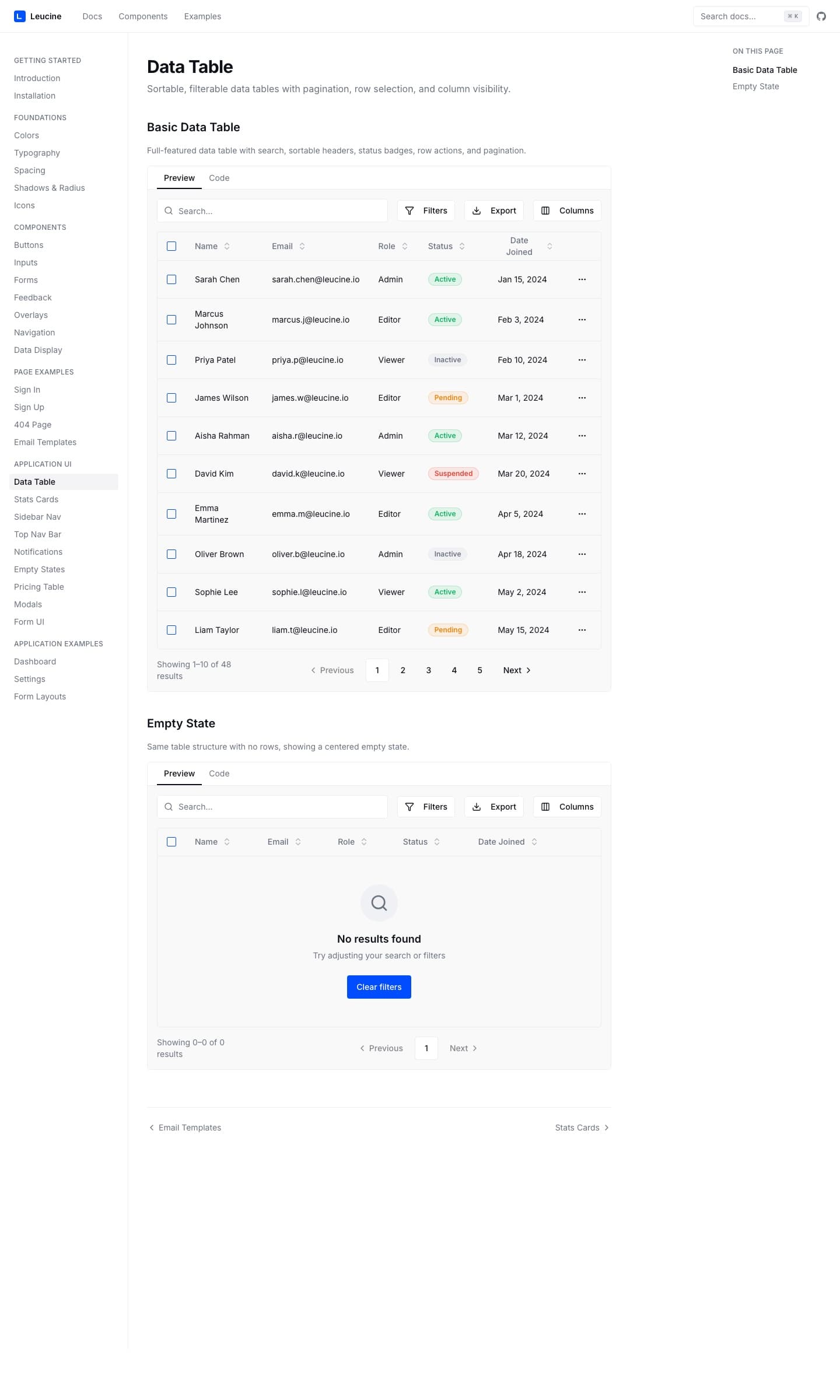 Leucine DS application UI — data table block