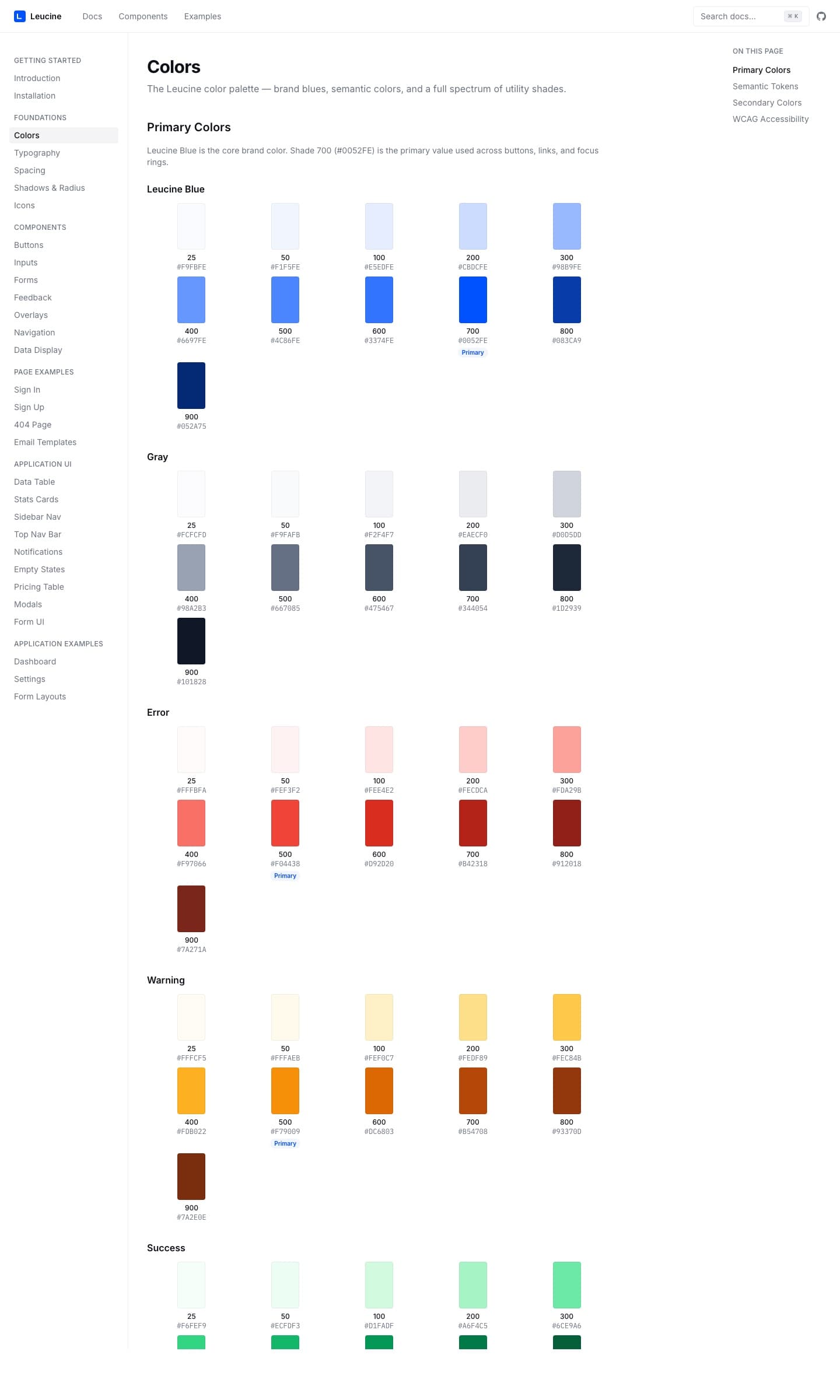 Leucine DS foundations — 14 colour palettes × 11 shades