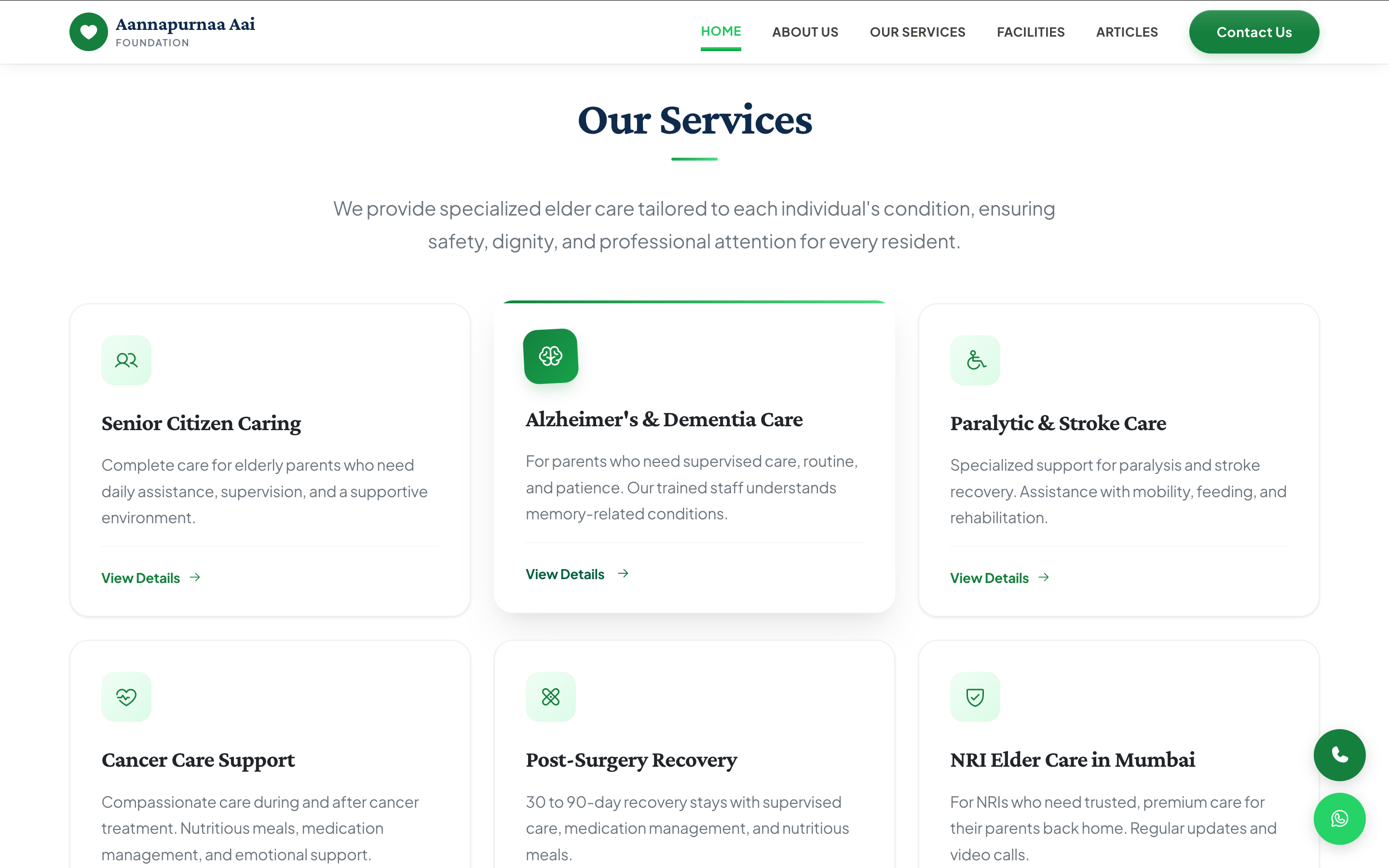Our Services overview — six specialized care types