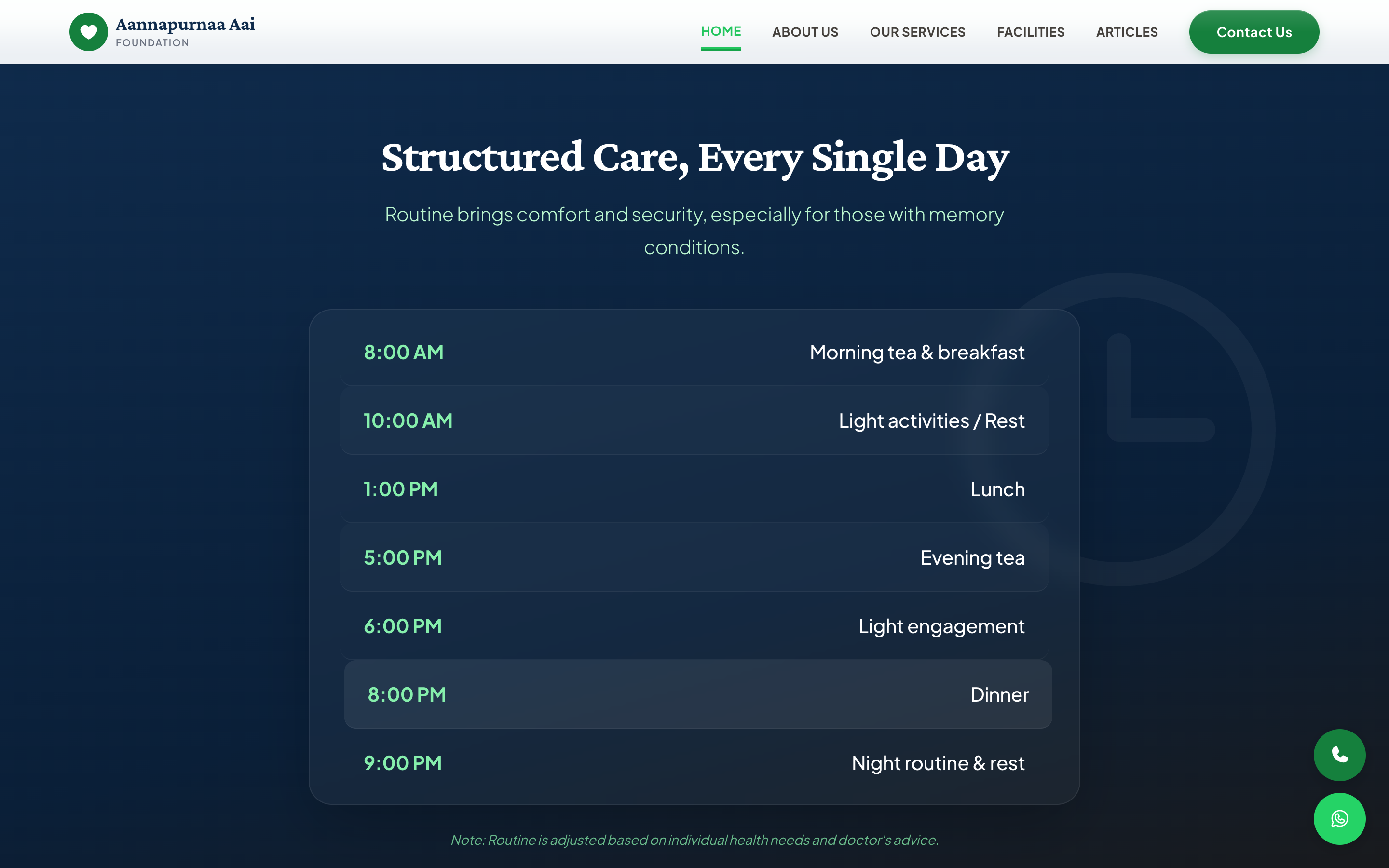 Structured Care, Every Single Day — hour-by-hour schedule