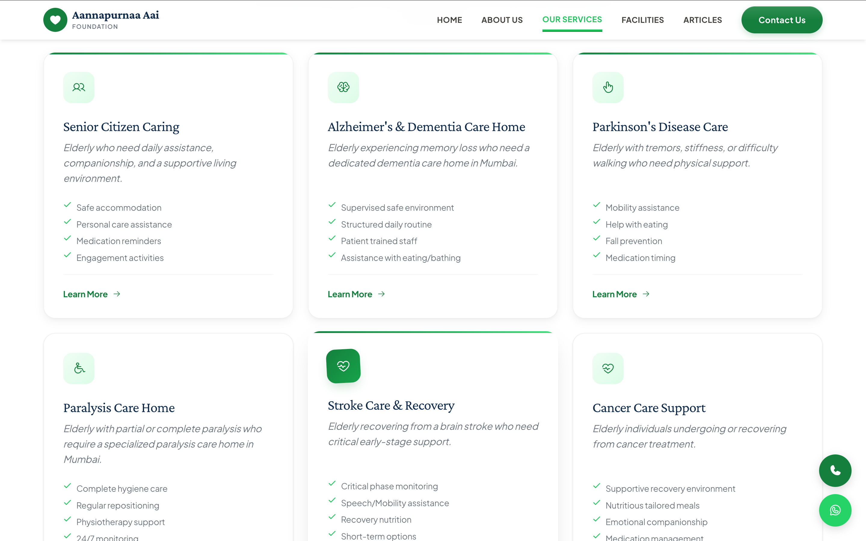 Service detail cards with feature checklists