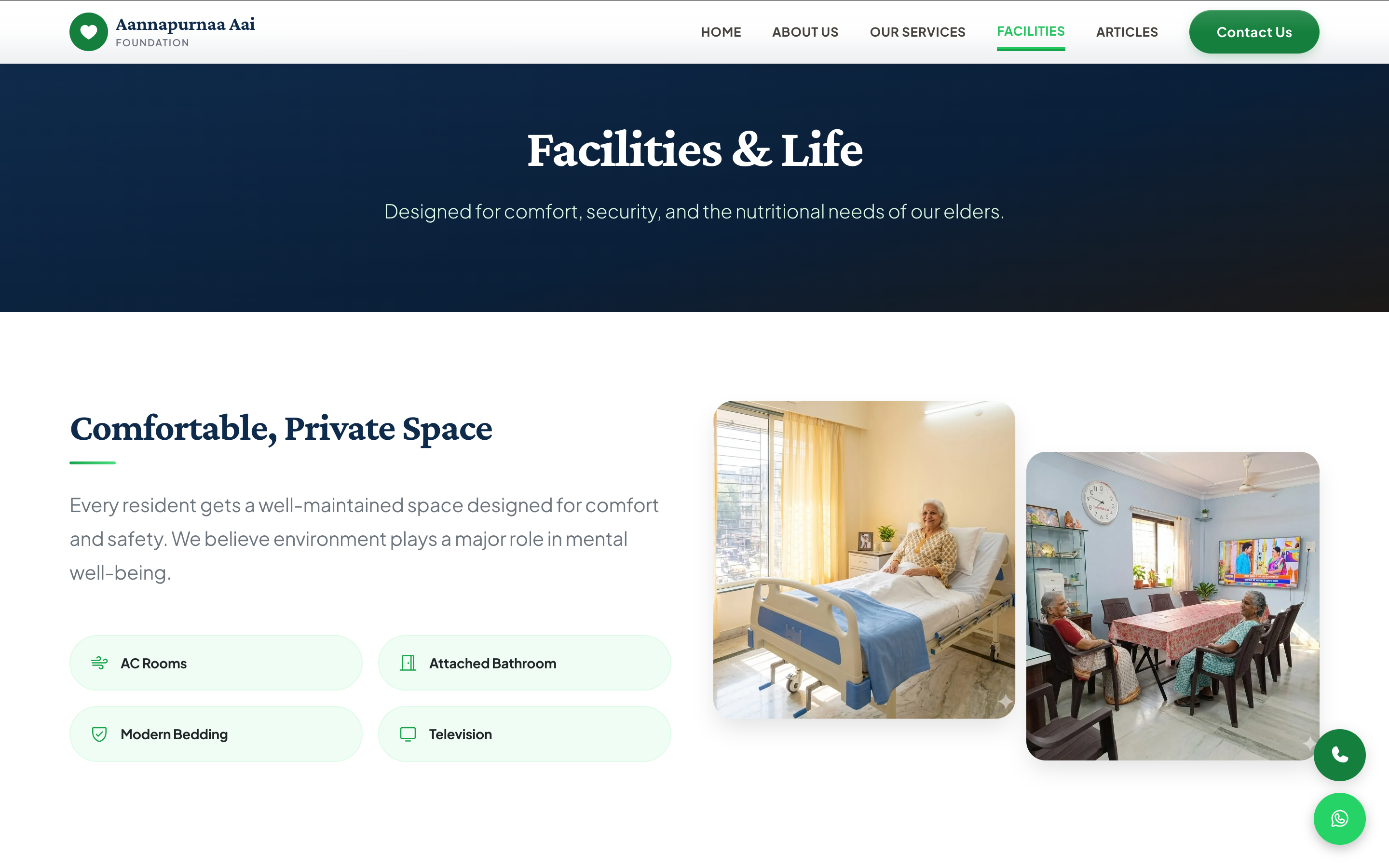 Facilities & Life — comfortable private space, AC rooms, attached bathroom
