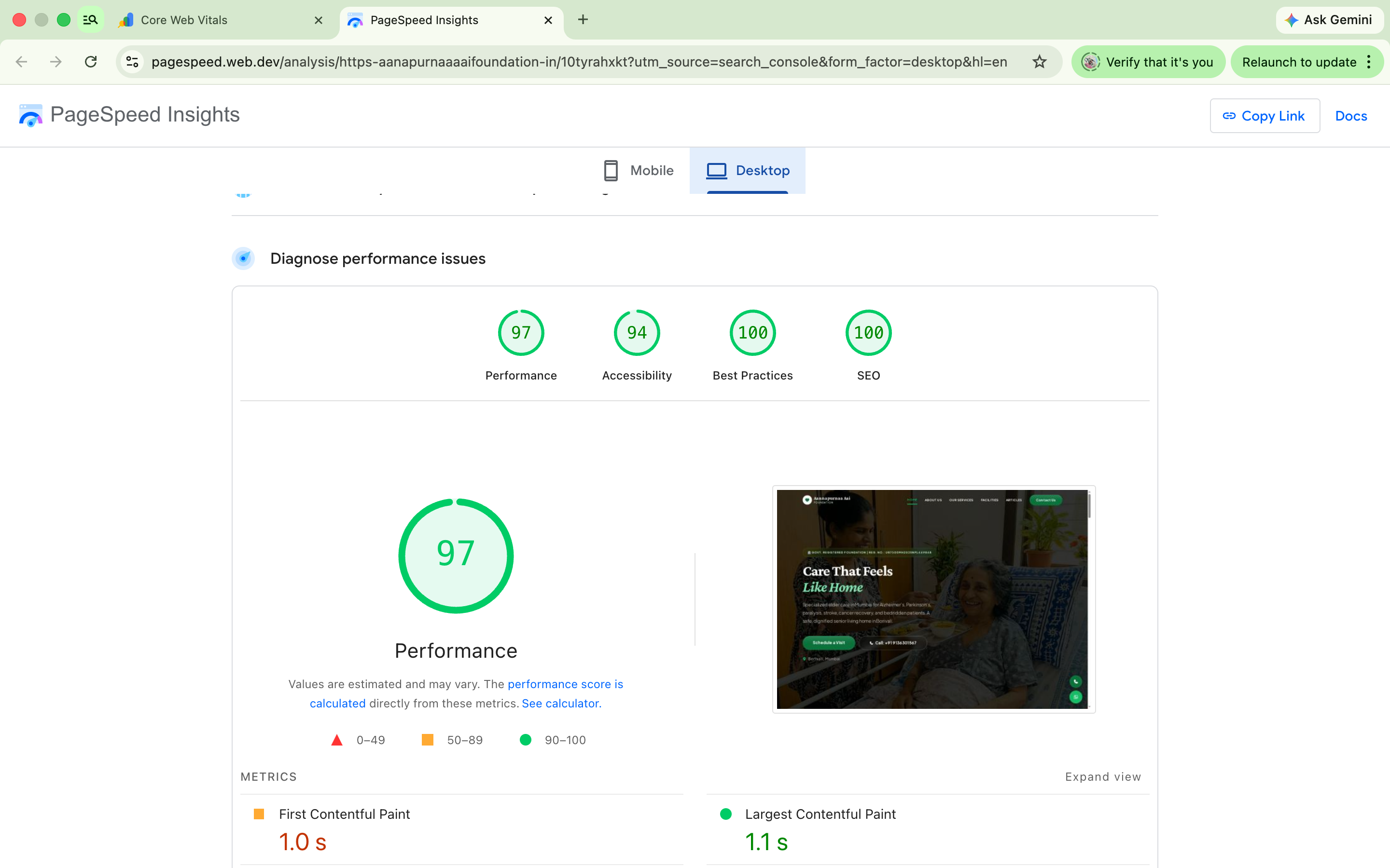 PageSpeed Insights desktop — 97 Performance, 94 Accessibility, 100 Best Practices, 100 SEO
