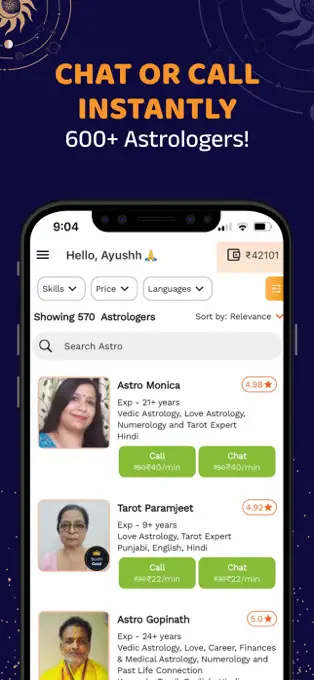 Bodhi — astrologer card detail surfacing experience, rating, per-minute price