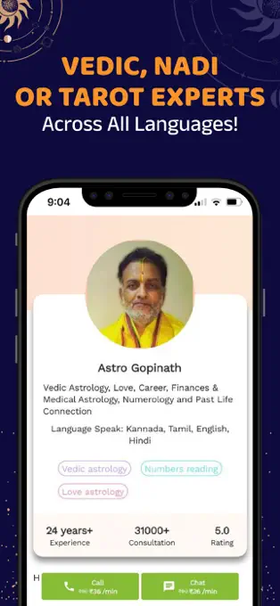 Bodhi — astrologer profile leading with consultation count and experience, call and chat CTAs always visible.