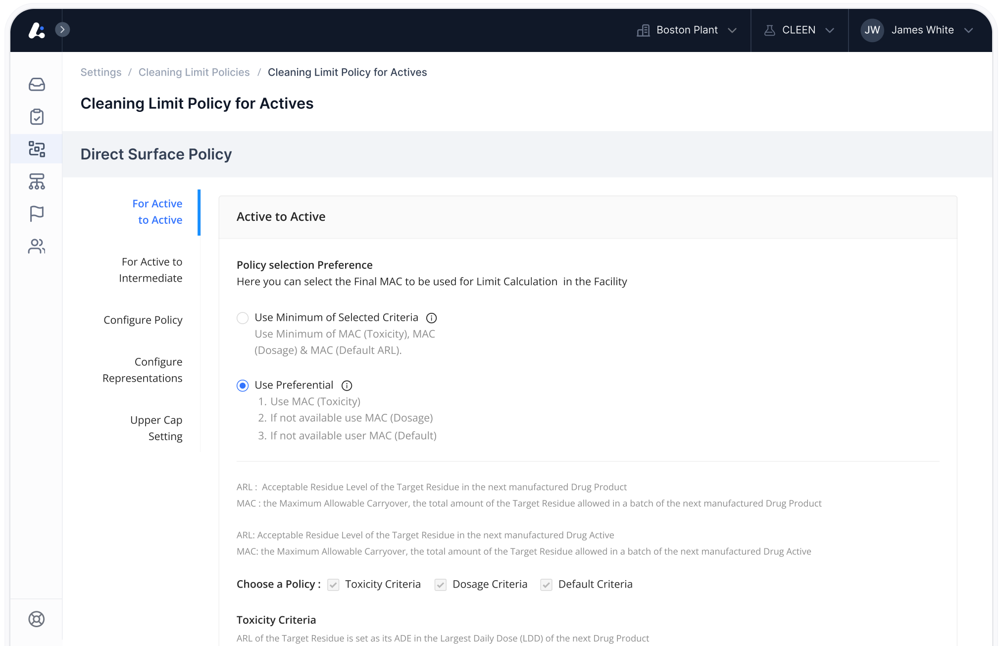 CLEEN v6 — Limit Policy. Formula rendered as the UI; inputs sit inline inside the equation.