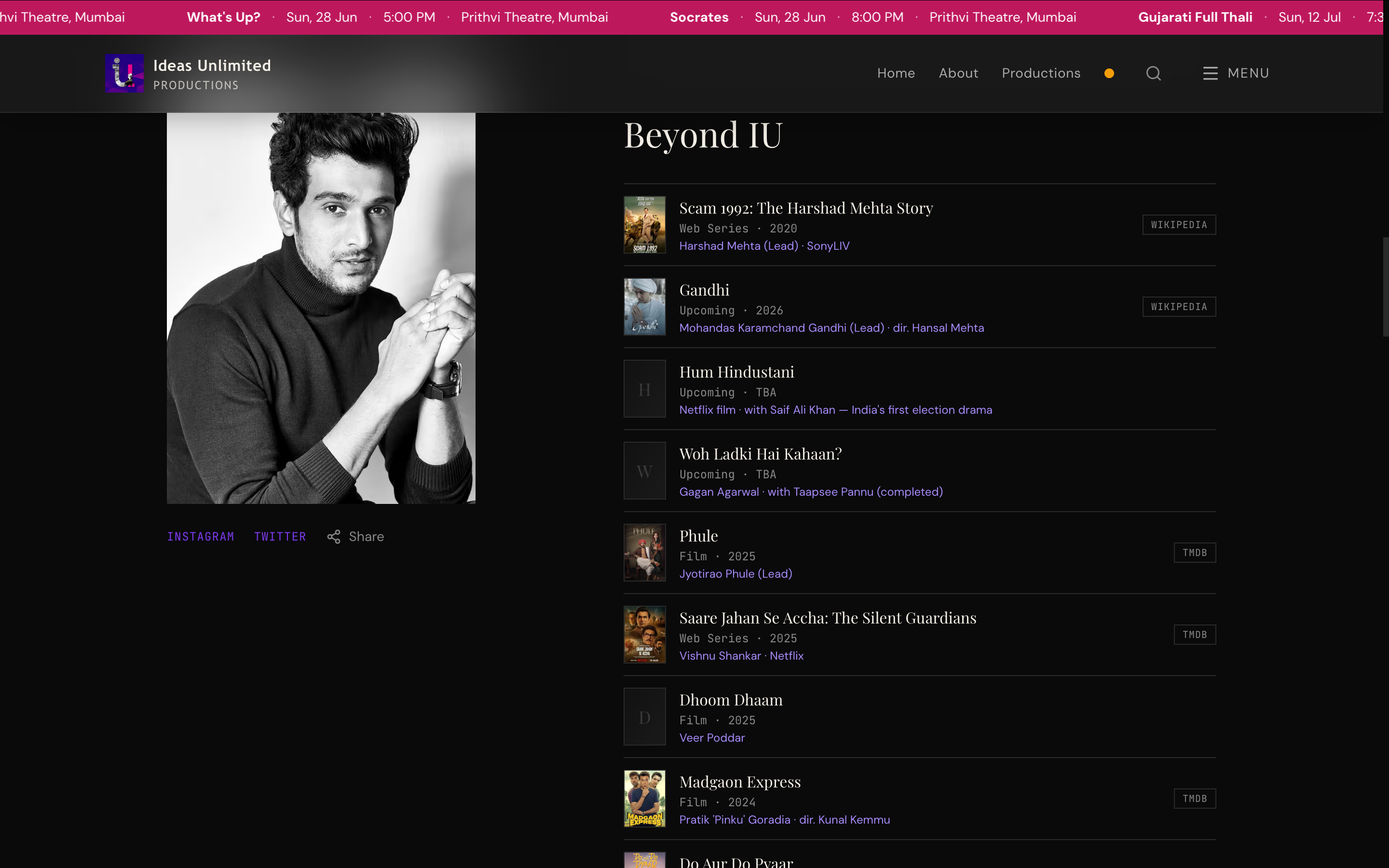 Beyond IU — external work index for Pratik Gandhi: Scam 1992, Gandhi, Hum Hindustani