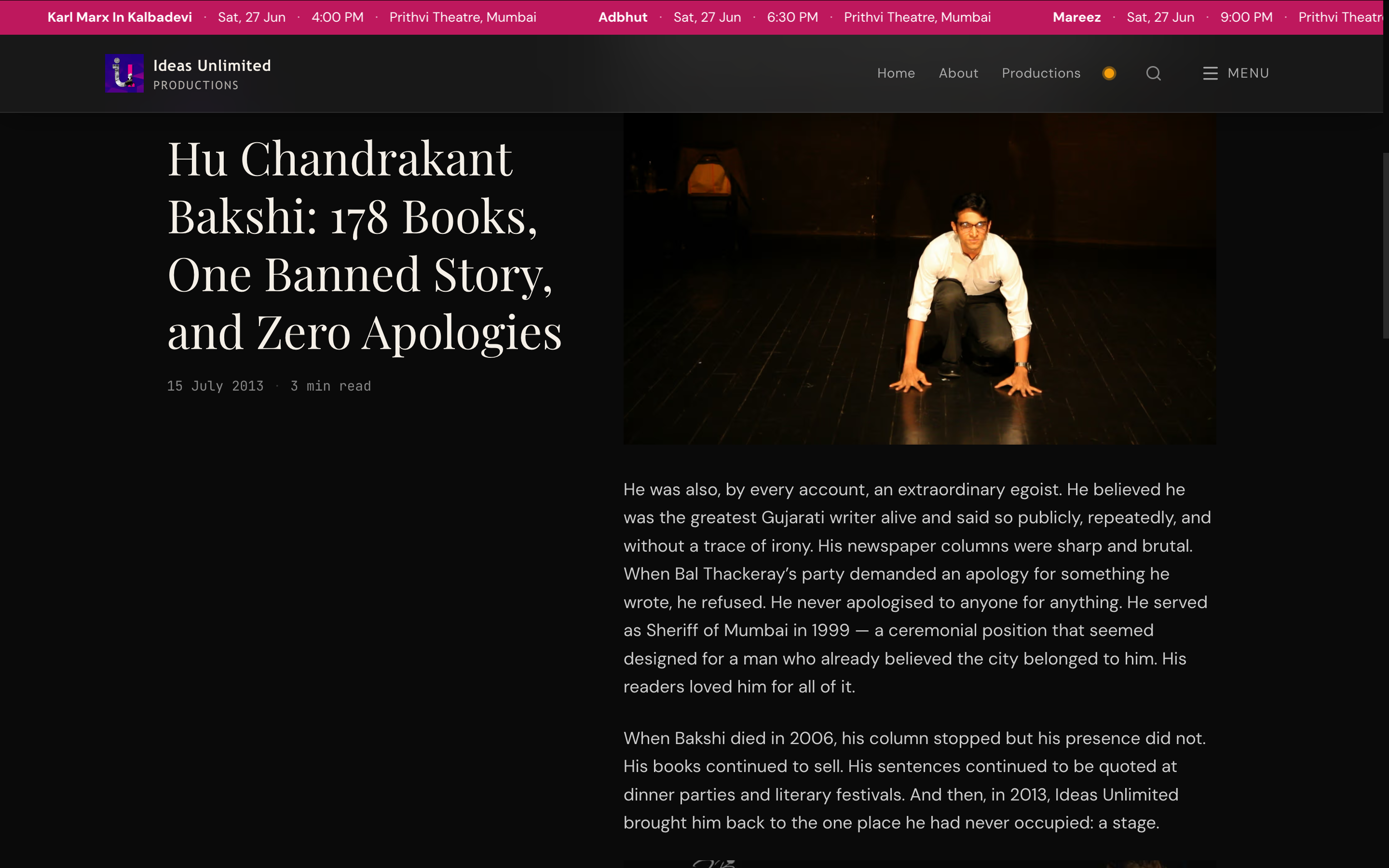 Hu Chandrakant Bakshi blog post — example of what the pipeline produces: full editorial article with translated source material, biographical context, photo, and SEO structure