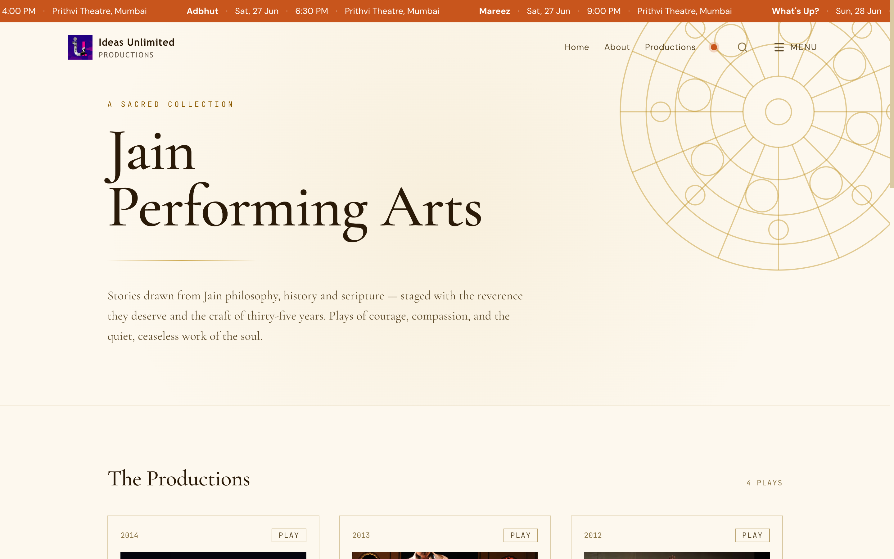Jain Performing Arts sub-collection — cream/gold theme, Jain mandala motif, separate visual identity