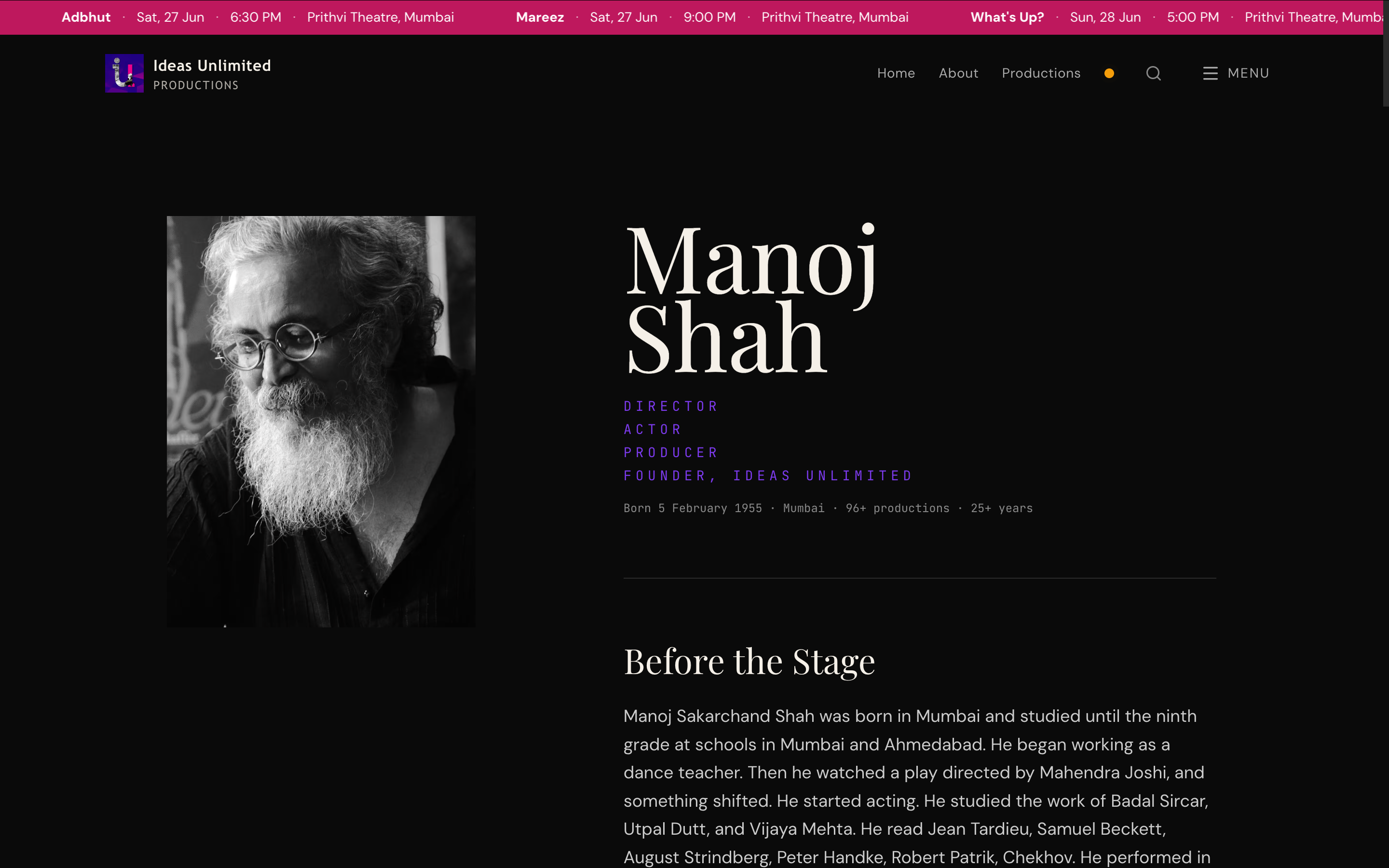 Manoj Shah biographical essay page — full-length portrait, longform editorial layout