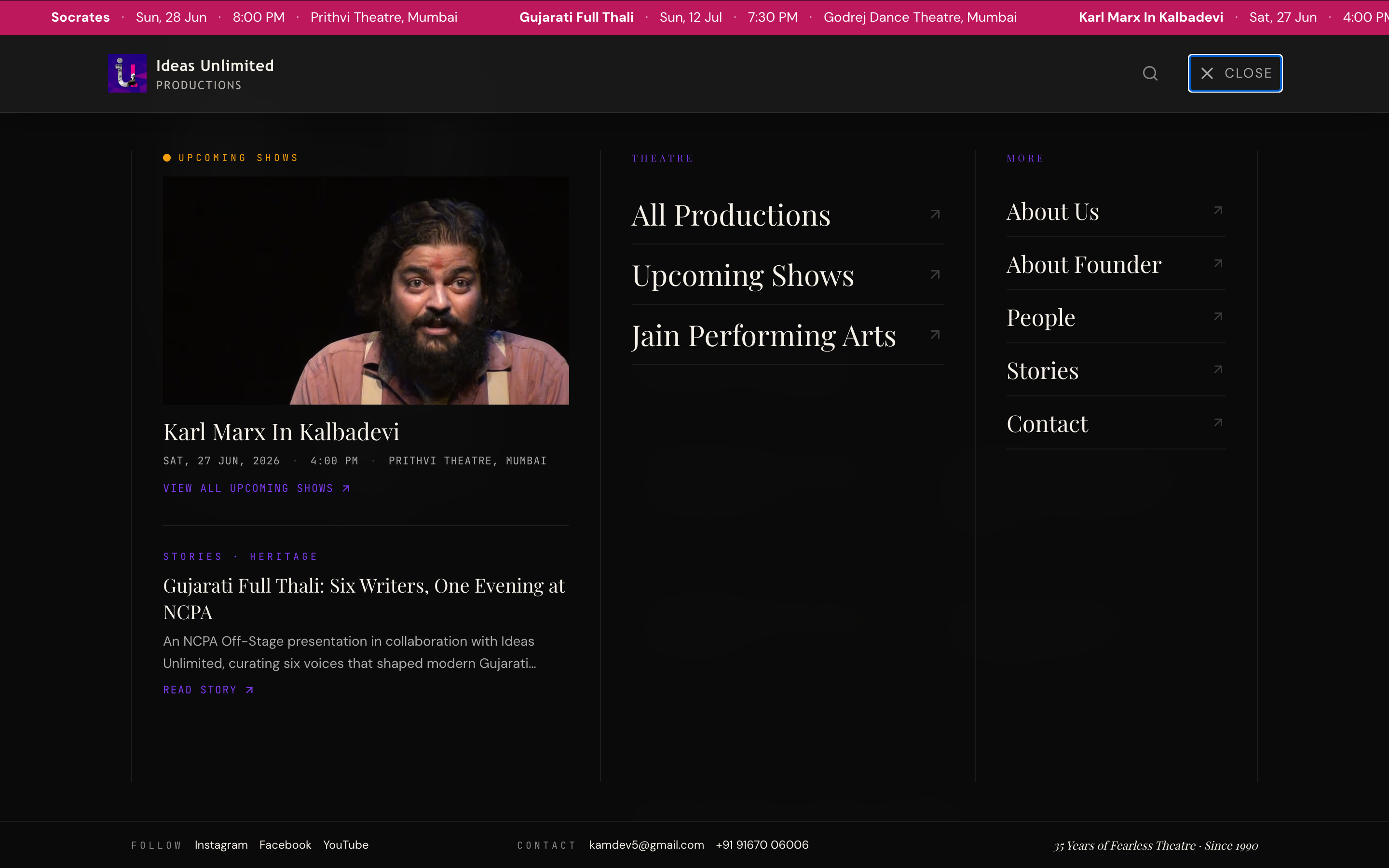 Mega menu overlay — full-bleed dark canvas, Karl Marx in Kalbadevi upcoming-show panel, primary navigation as serif headlines