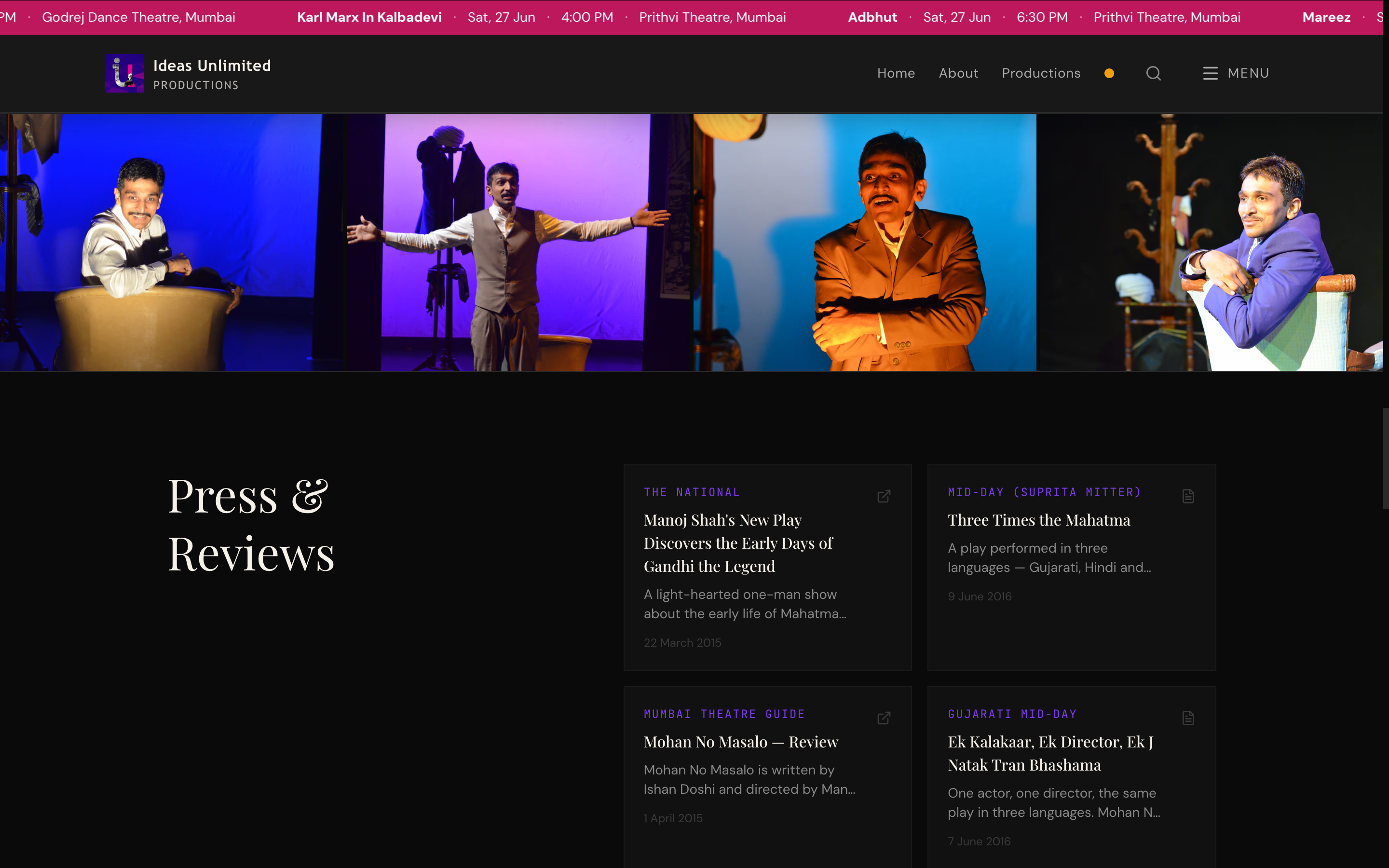 Press & Reviews page — multilingual newspaper review cards across decades