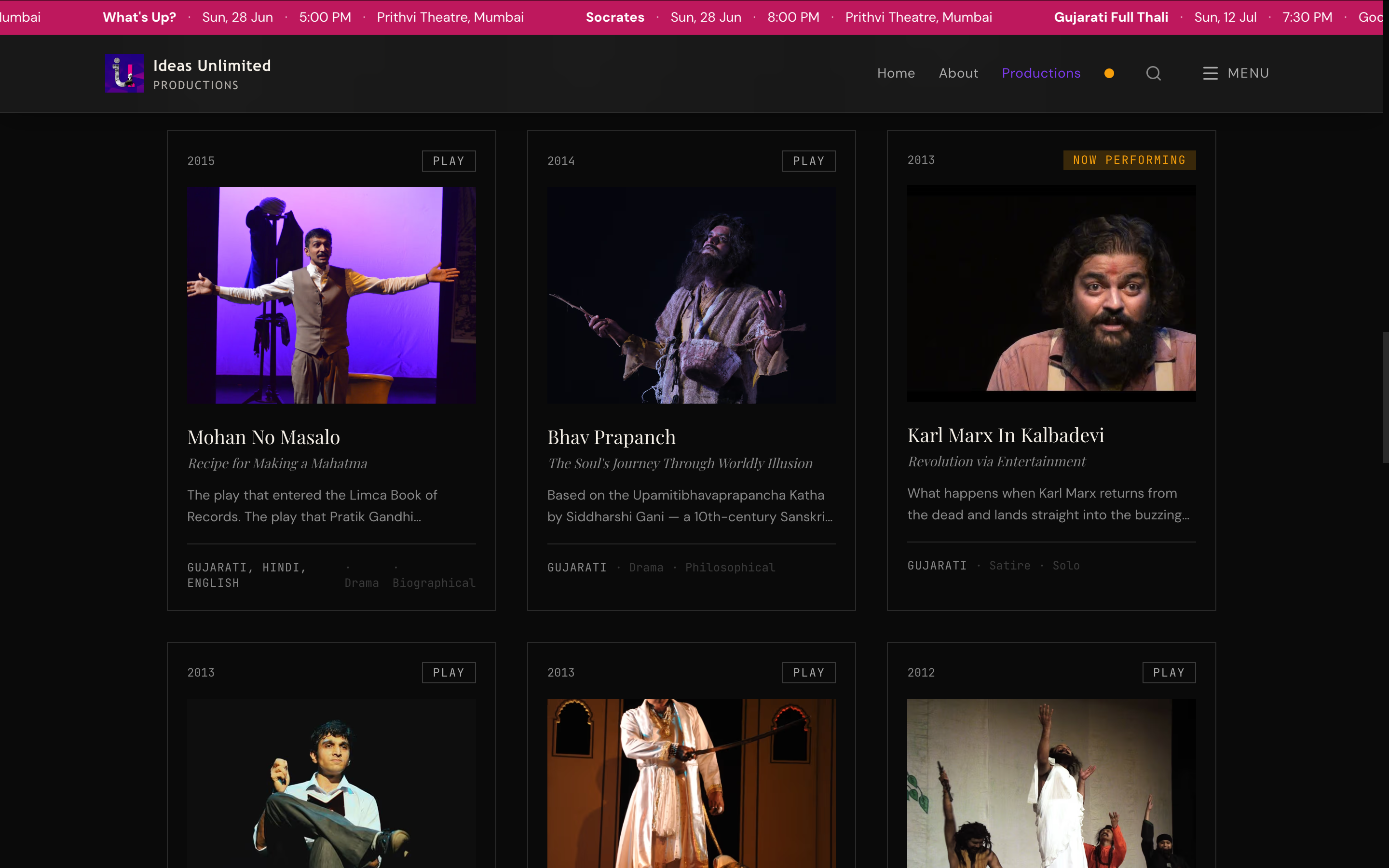 Productions grid — Mohan No Masalo, Bhav Prapanch, Karl Marx in Kalbadevi cards