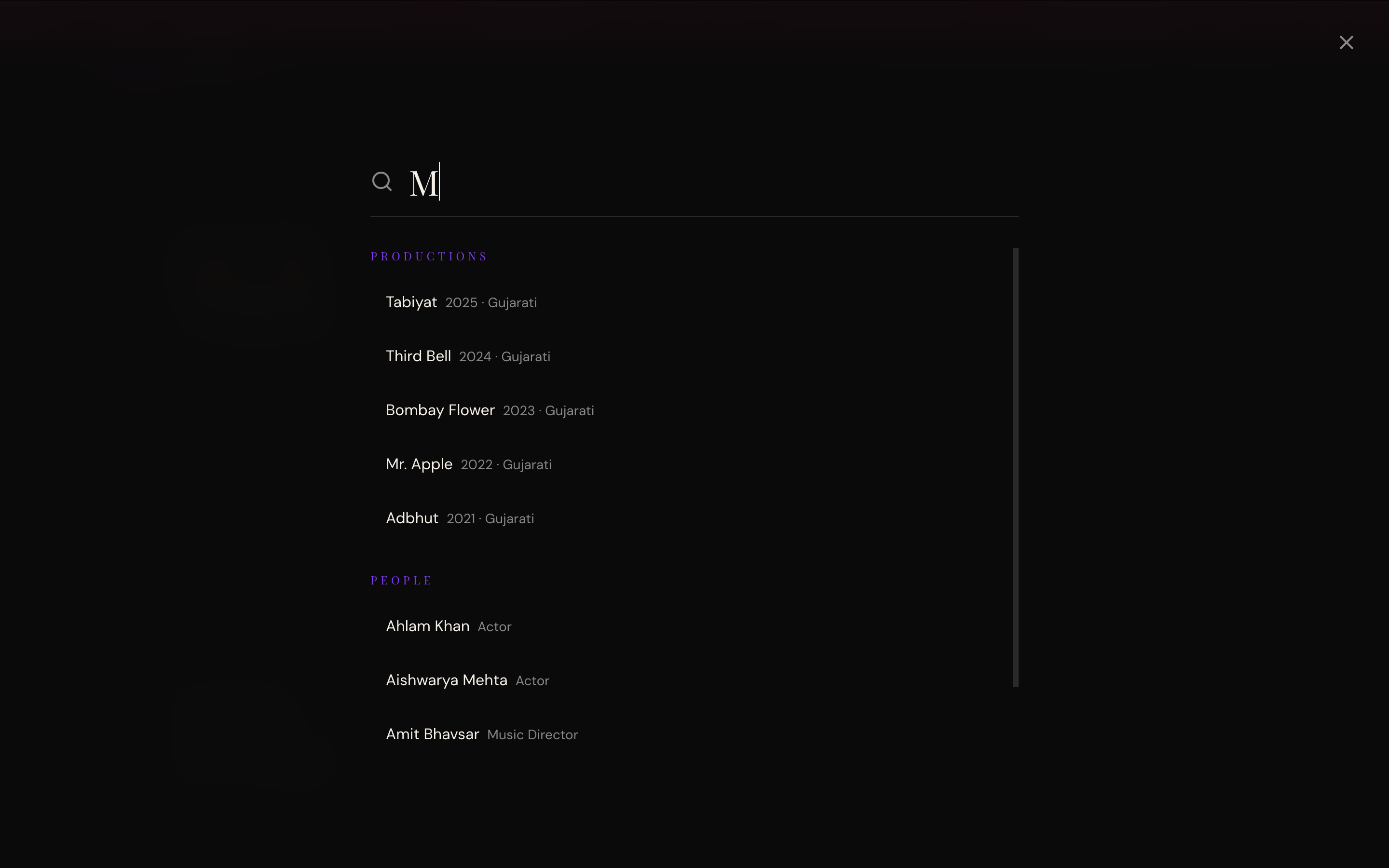 Search modal — typeahead spans Productions and People in one query, made possible only because the data graph treats both as first-class linked entities