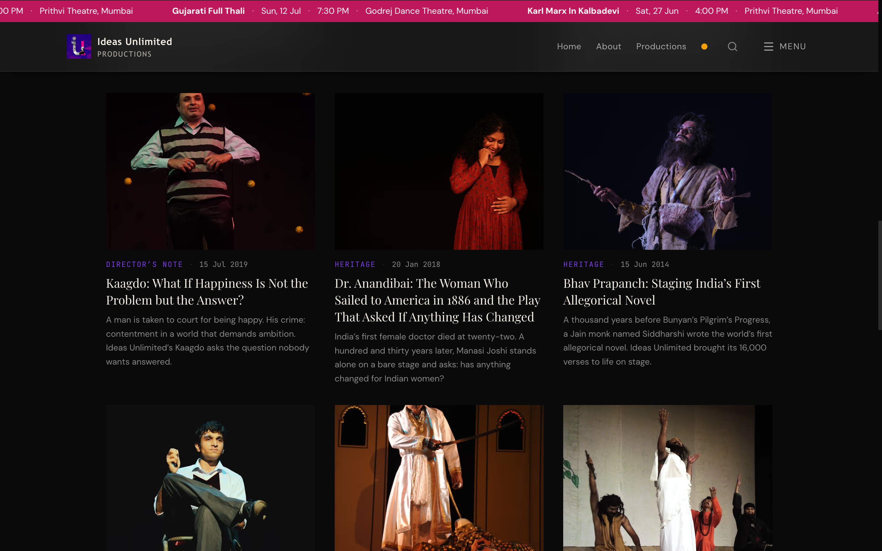 Stories / Director's Notes blog grid — Kaagdo, Dr. Anandibai, Bhav Prapanch — each entry produced by the blog-pages.md Claude skill against translated source material