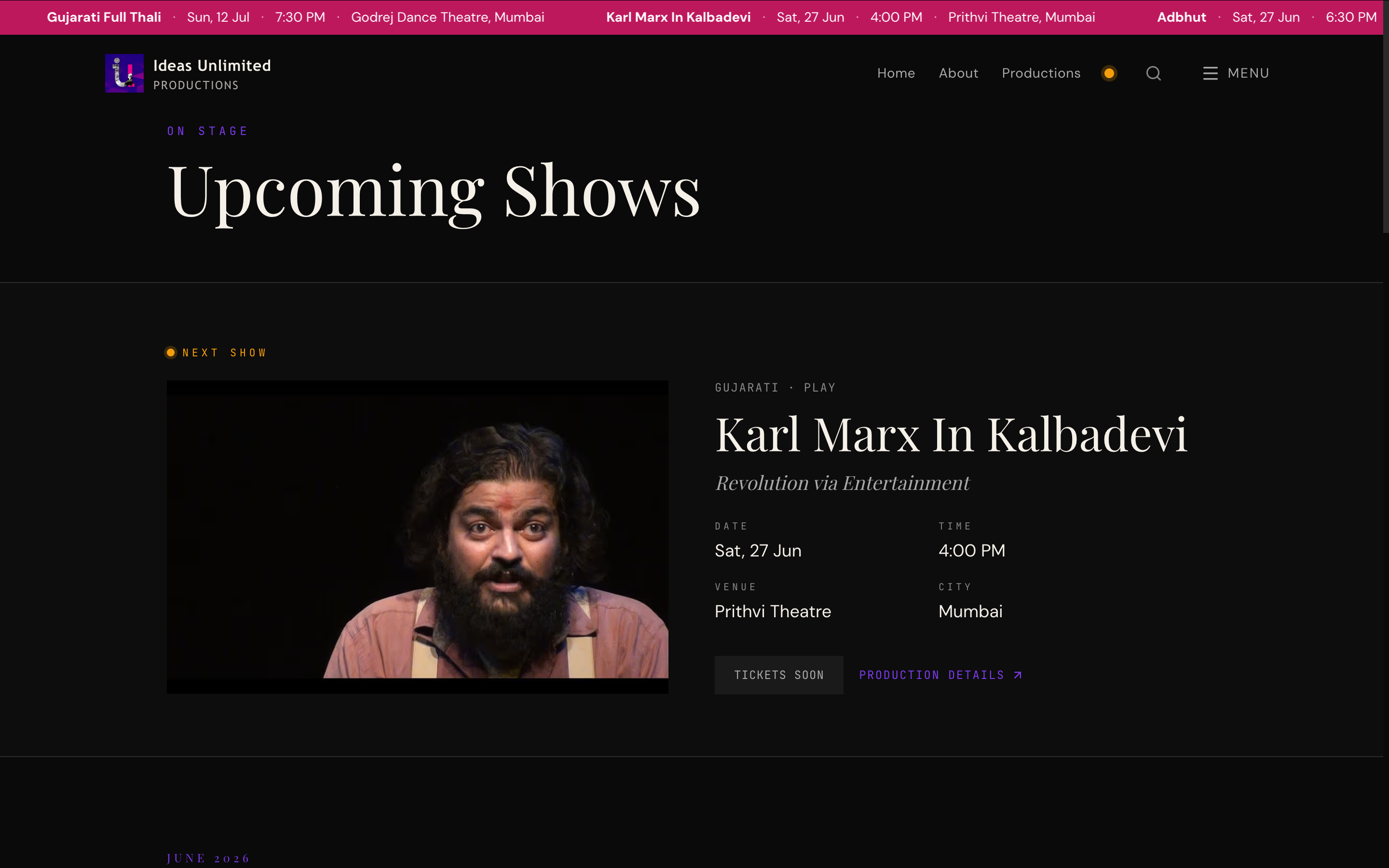 Upcoming Shows page — Karl Marx in Kalbadevi, Prithvi Theatre Mumbai, June 27