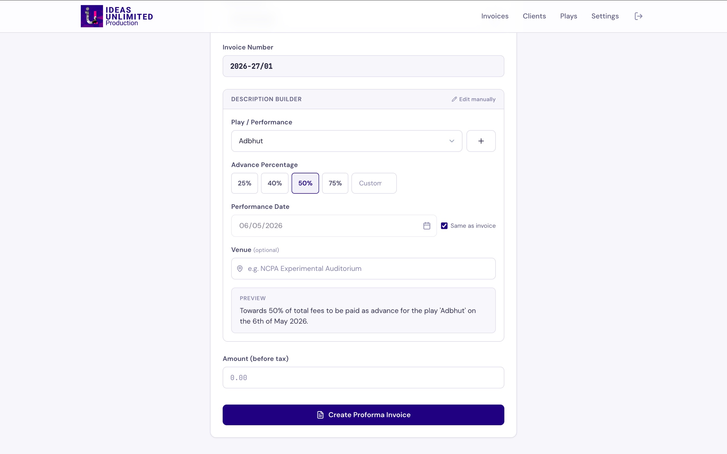New invoice form with the Description Builder active, play 'Adbhut' selected, 50 percent advance preset, and an auto-generated preview