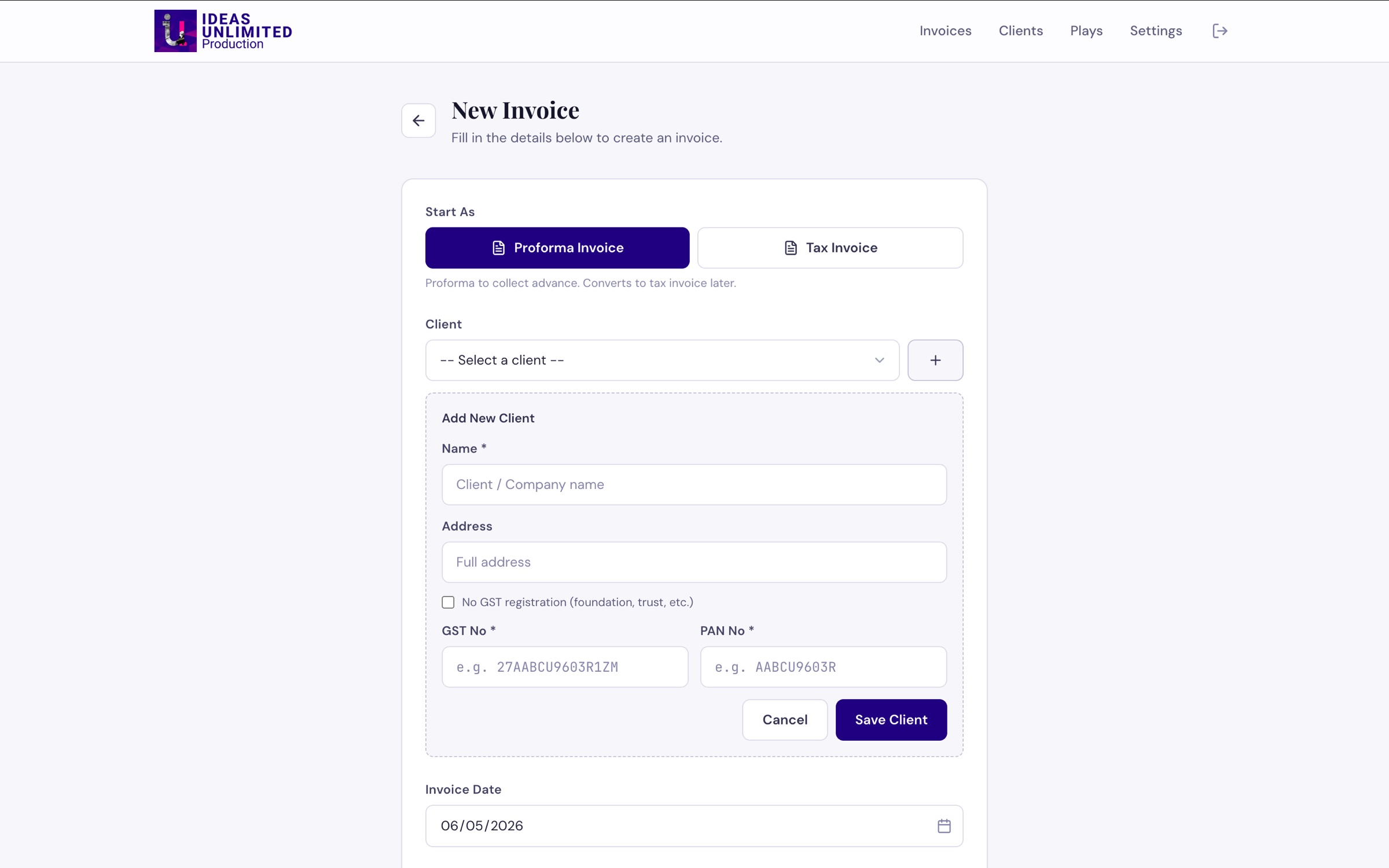 Inline 'Add New Client' form expanded directly below the picker — name, address, GST, PAN, save button