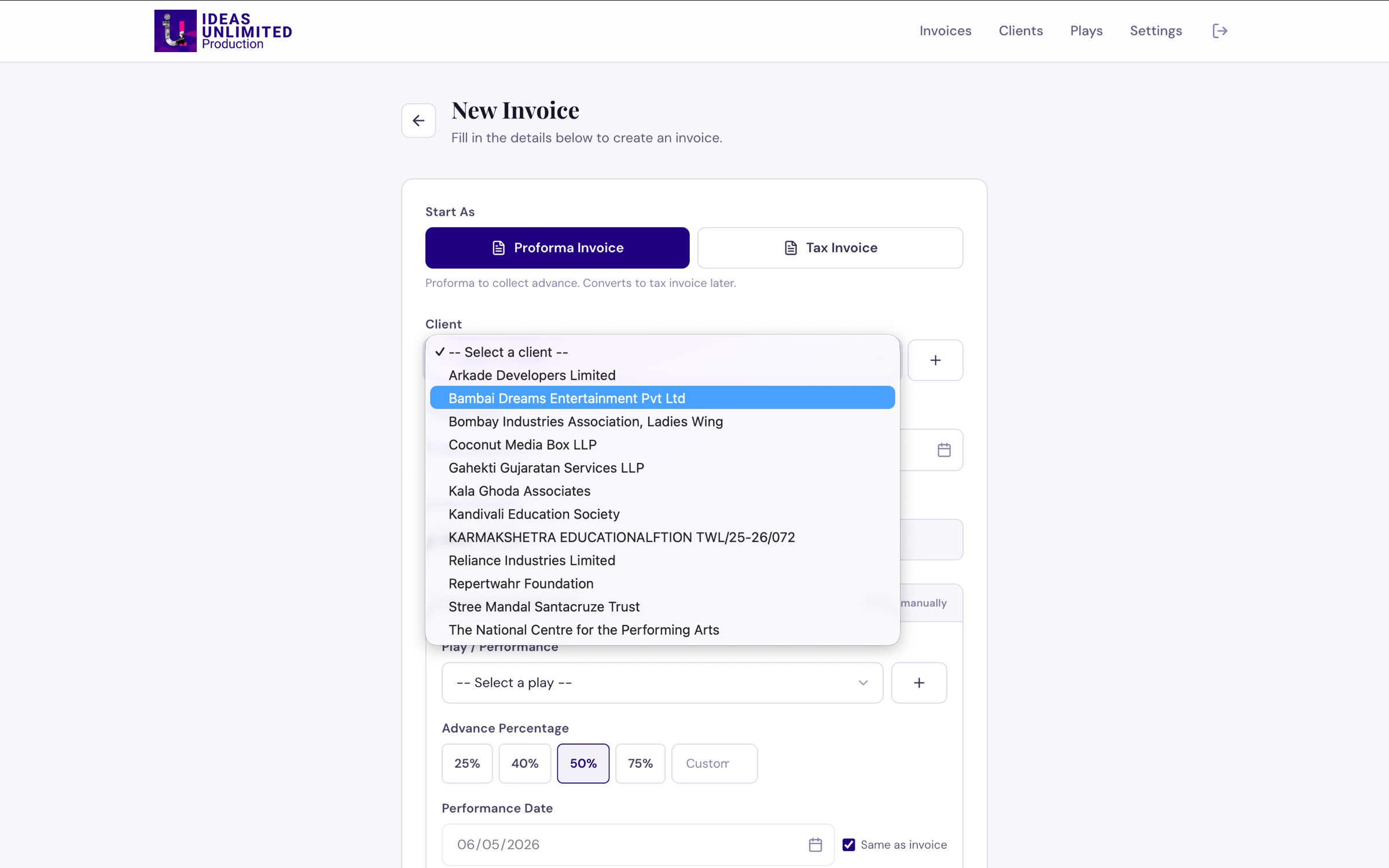 Client picker dropdown open in the new invoice form, showing 12 saved clients and the option to create a new one inline