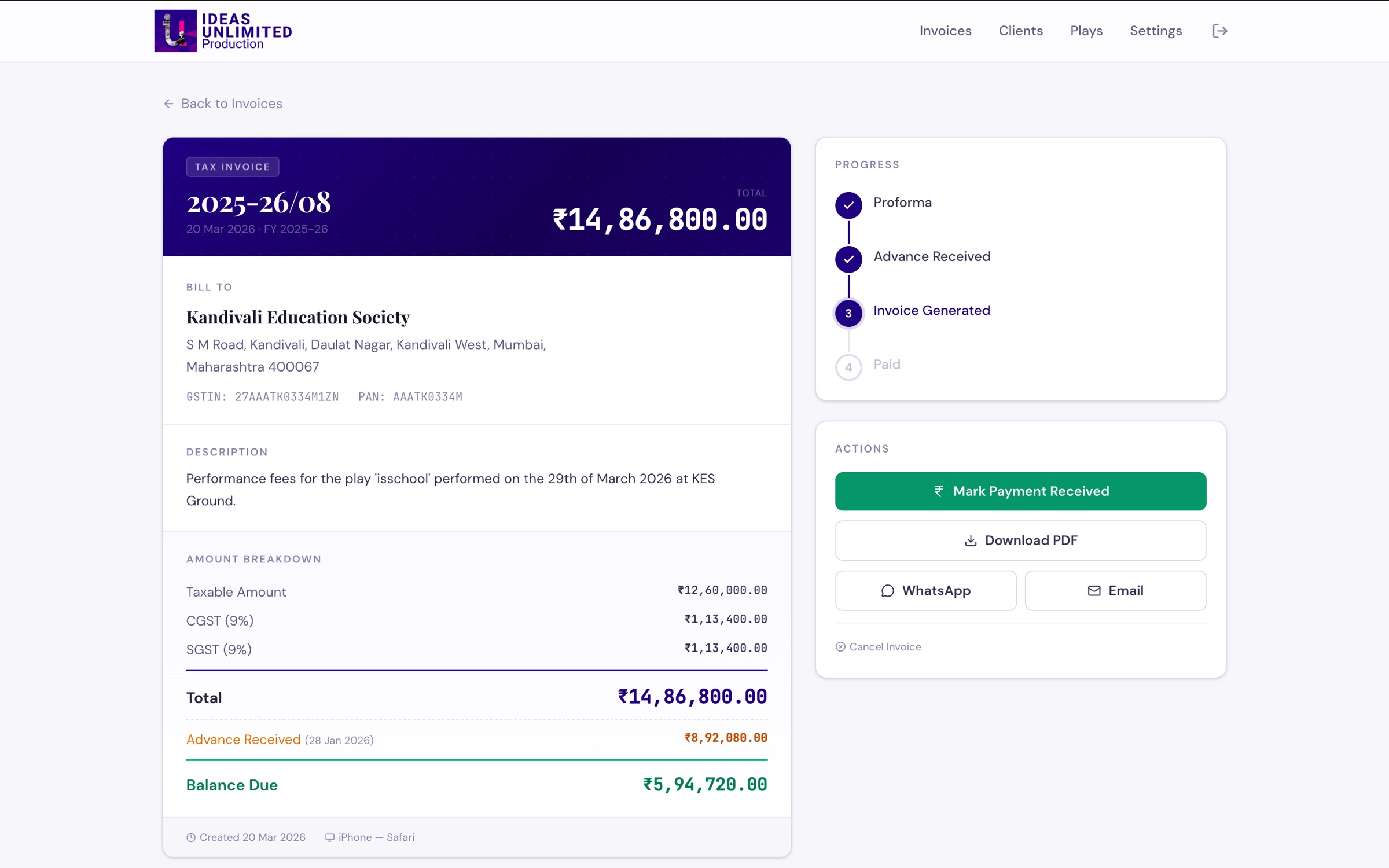 Invoice detail page showing the proforma to advance received to invoice generated to paid lifecycle tracker