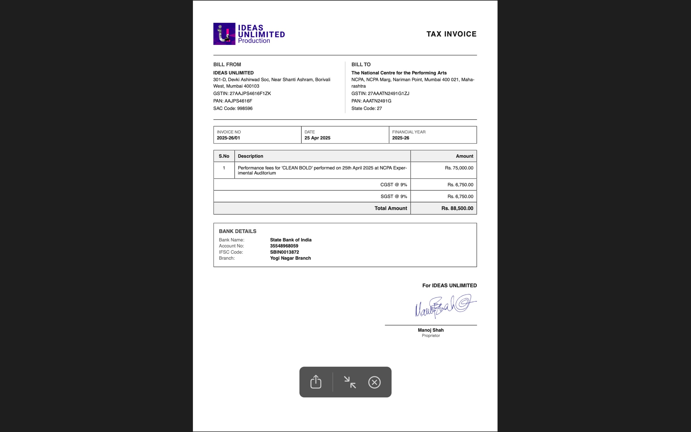 Generated tax invoice PDF for The National Centre for the Performing Arts, performance fees for Clean Bold, total 88500 rupees with 9 percent CGST and 9 percent SGST split
