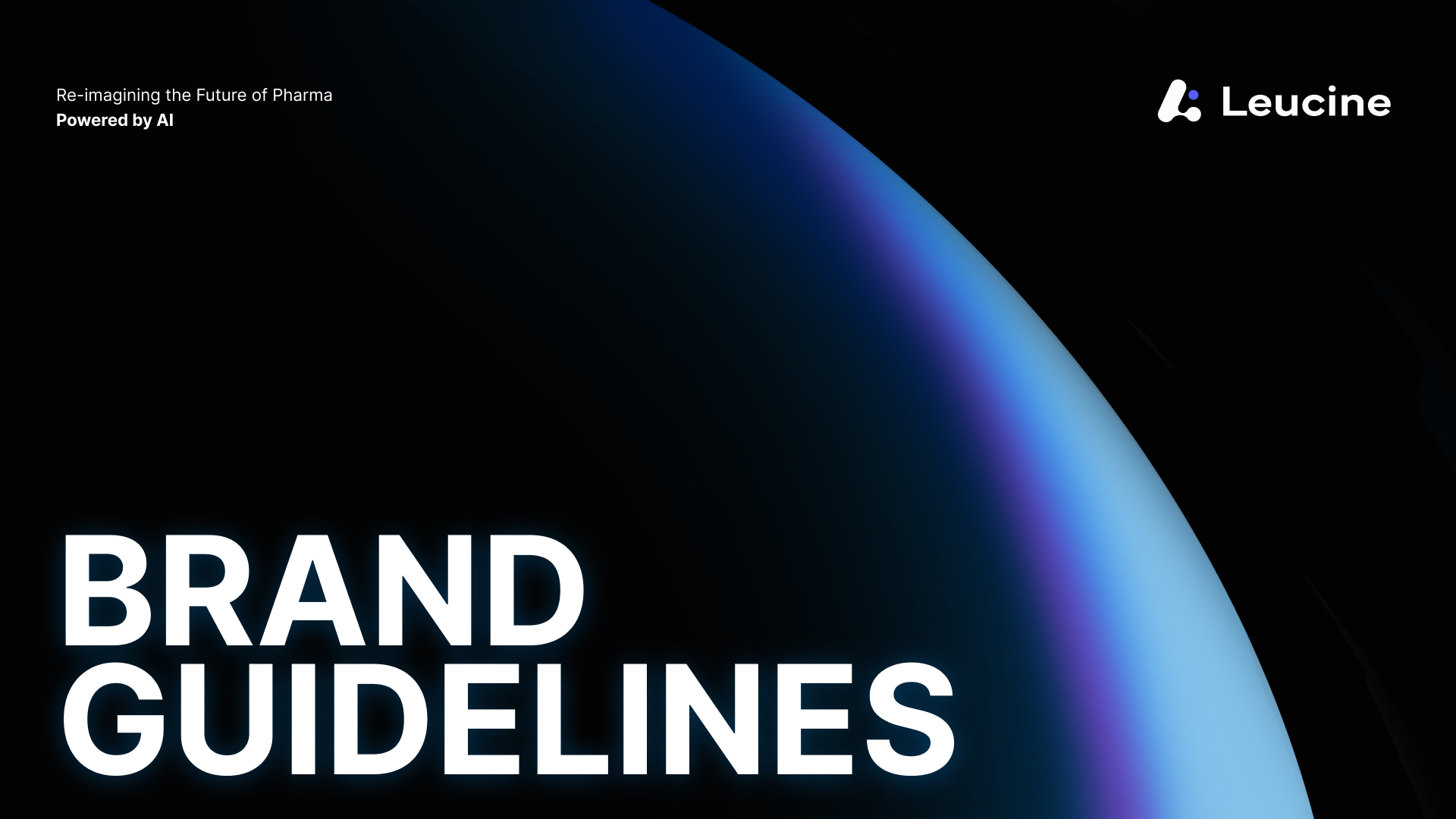 Leucine Brand Guidelines cover — 56-page system for an AI pharma company