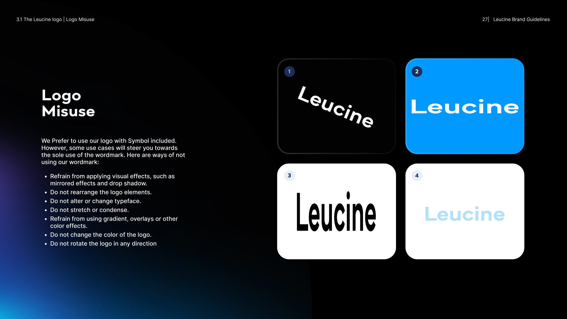 Logo misuse — rotated, stretched, recolored, low-contrast variants explicitly disallowed