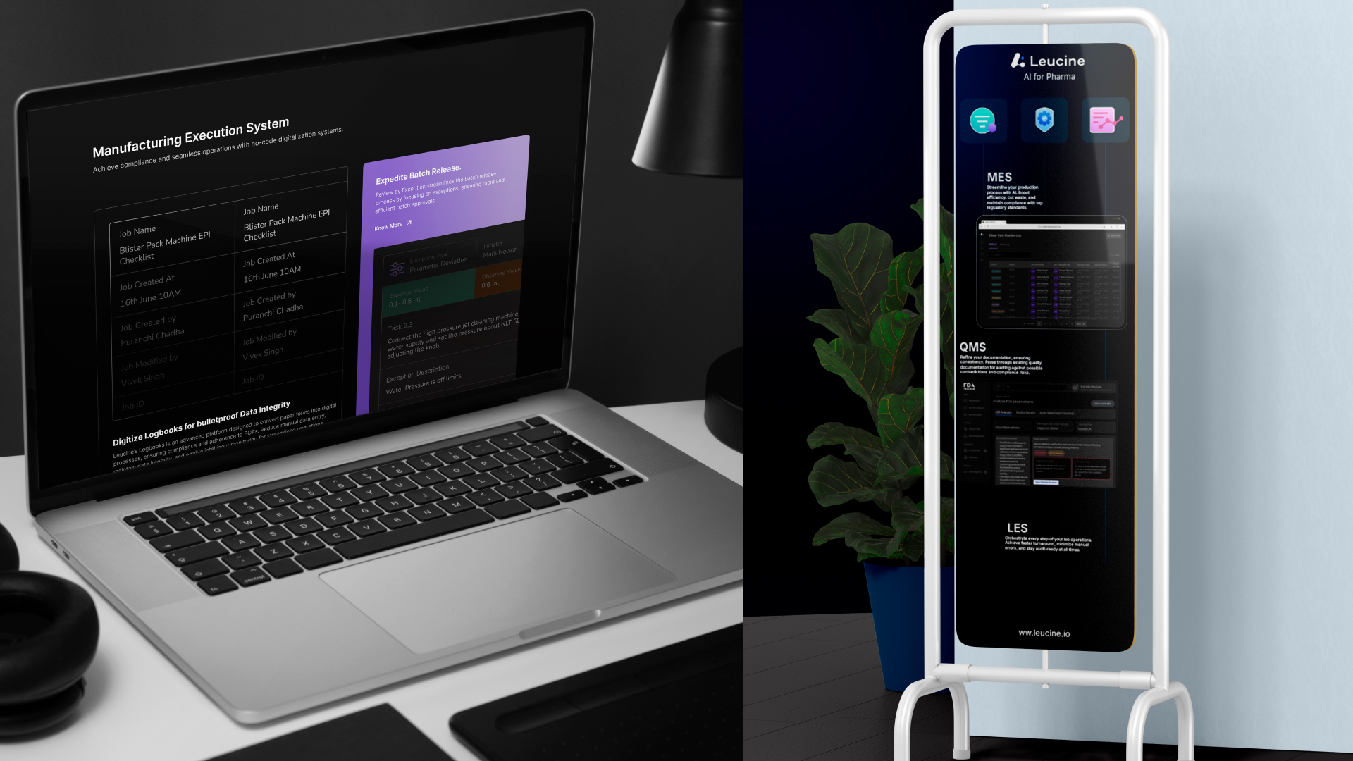 Brand applied to product — MES product screens and standee in office context