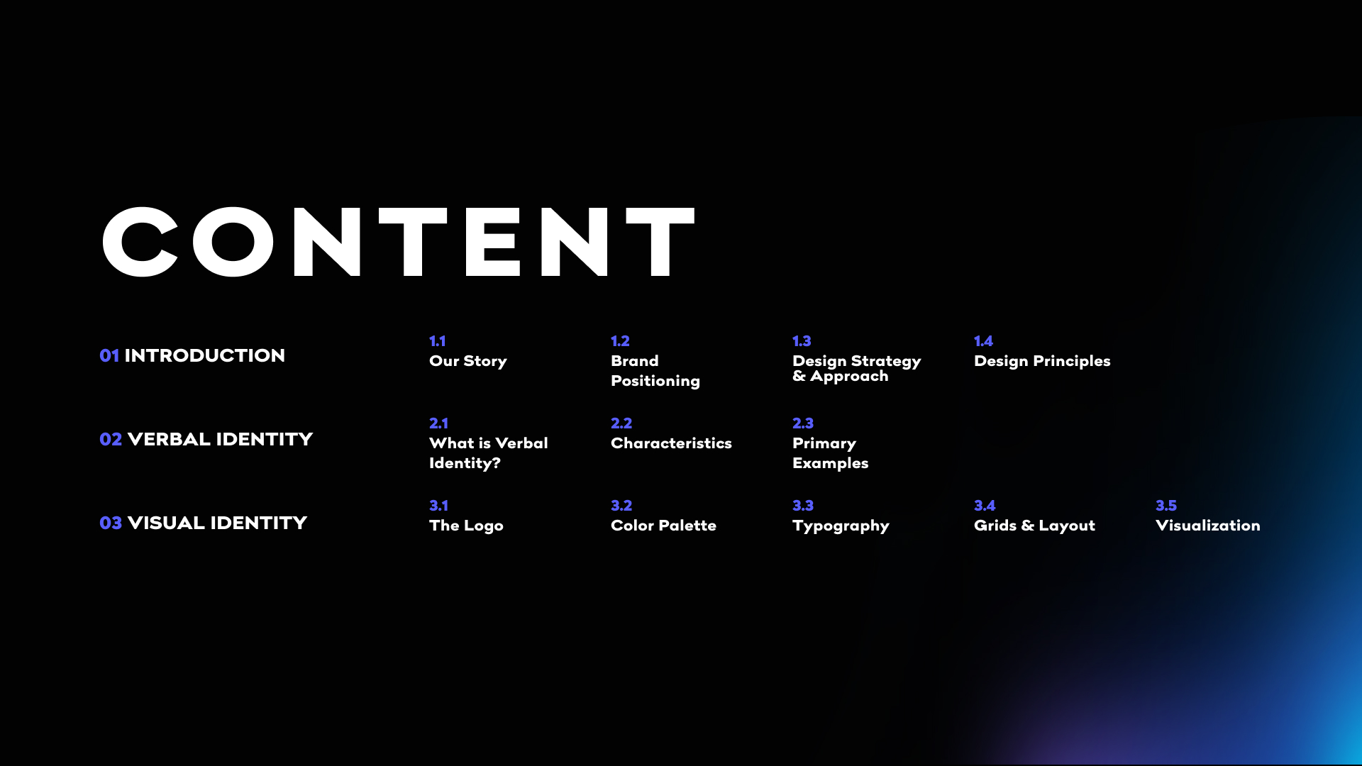 Brand Guidelines table of contents — three sections: Introduction, Verbal Identity, Visual Identity