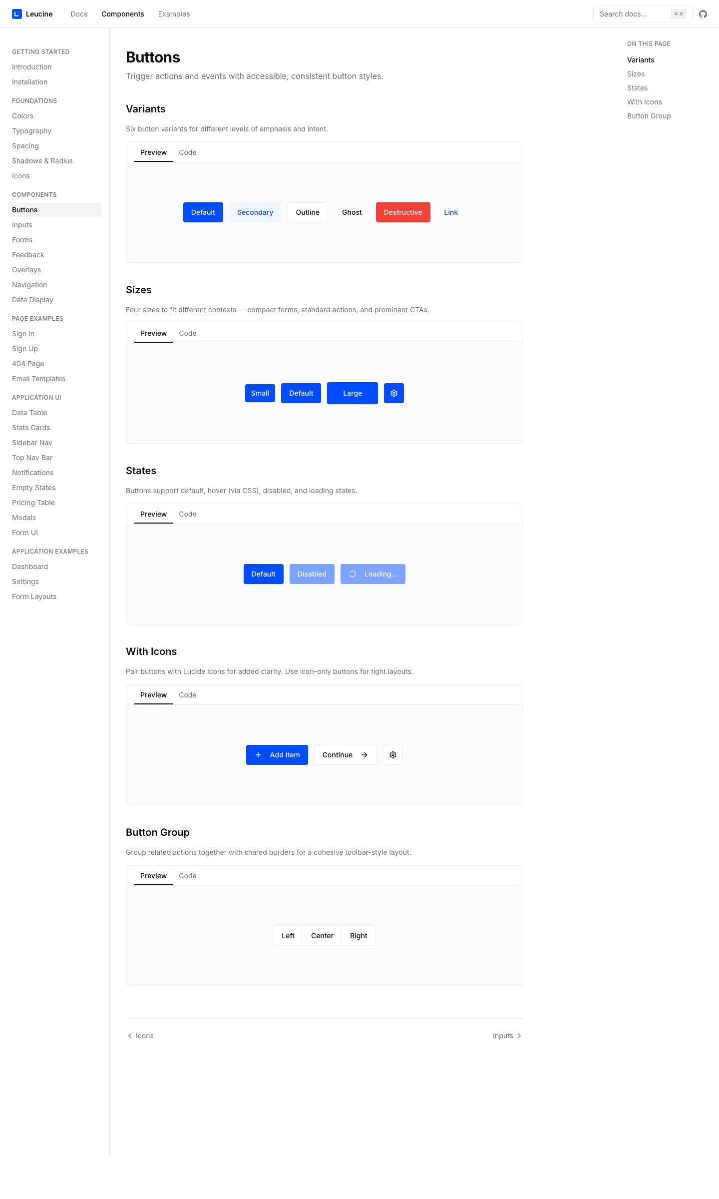 Leucine DS — component documentation with live preview and a code tab.