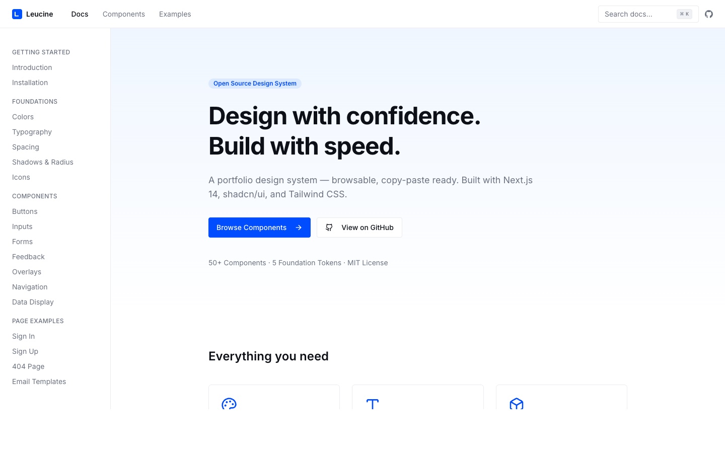 Leucine Design System landing page — design with confidence, build with speed