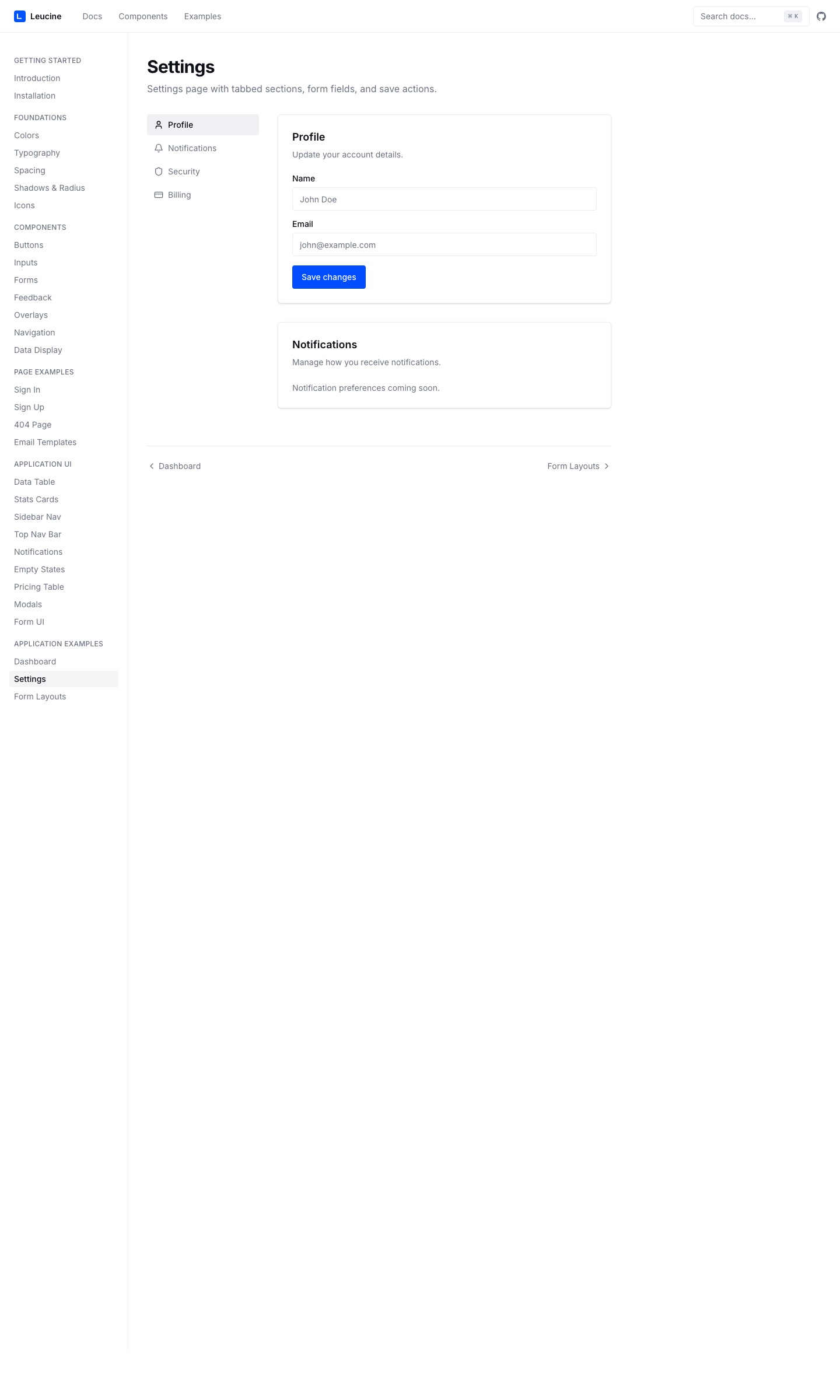 Leucine DS — a settings page composed directly from the skill file's blocks and tokens.