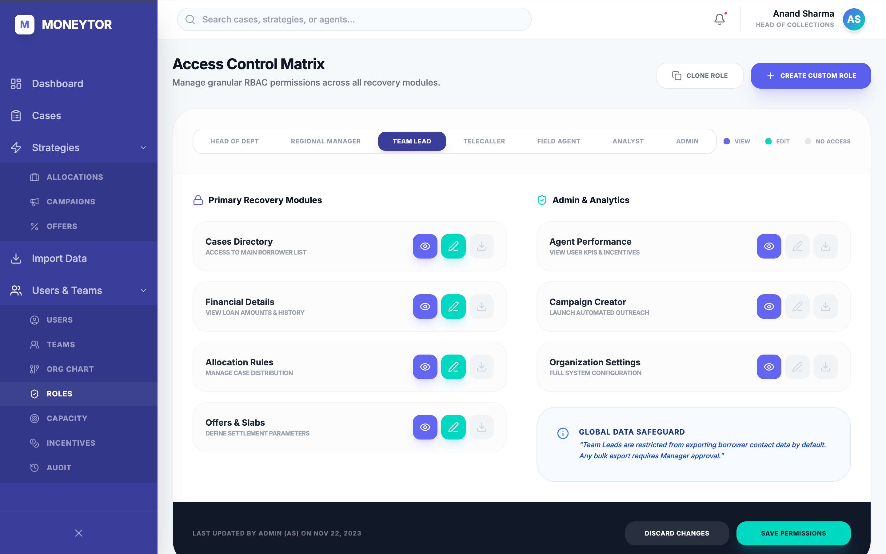 Access Control Matrix — per-role view/edit/no-access permissions