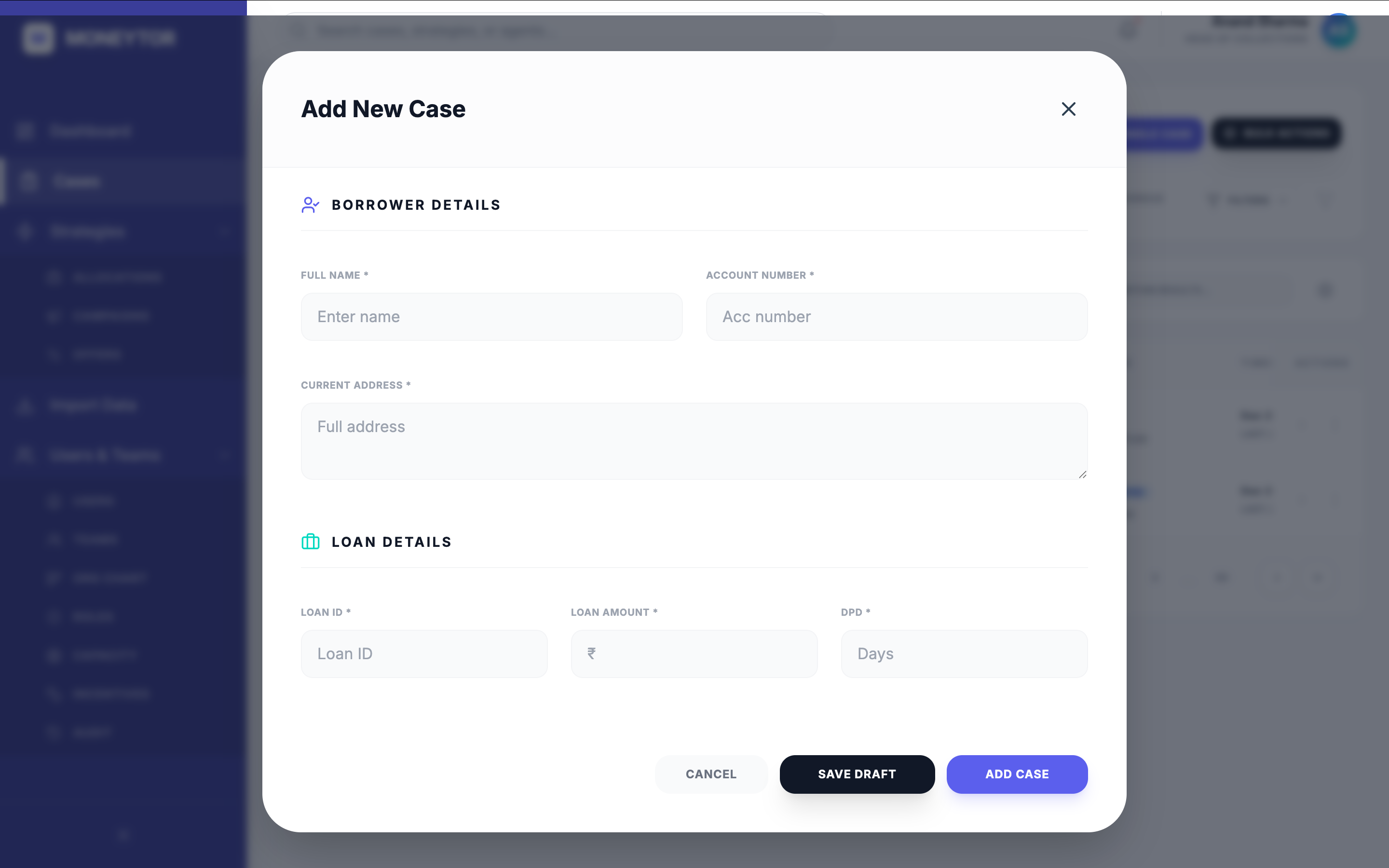 Add New Case — borrower and loan details