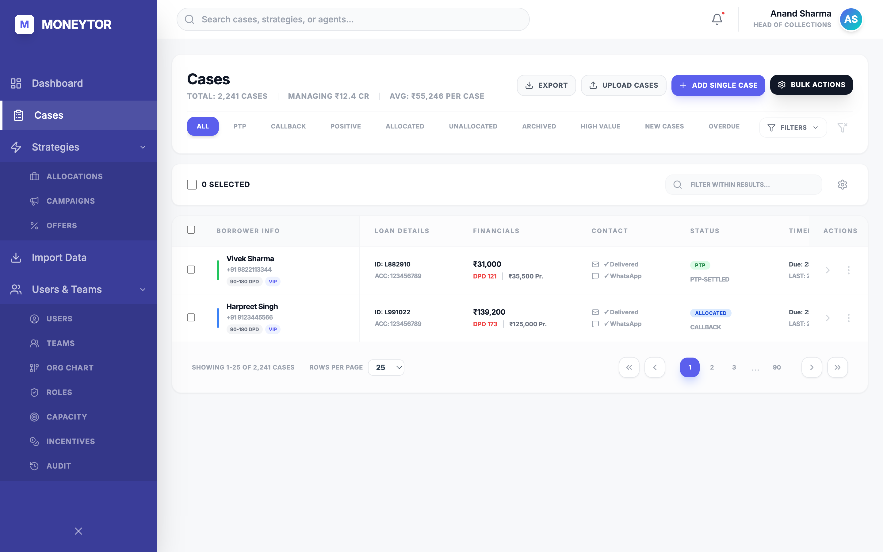 Cases list — borrower cases with inline status, contact, and financials
