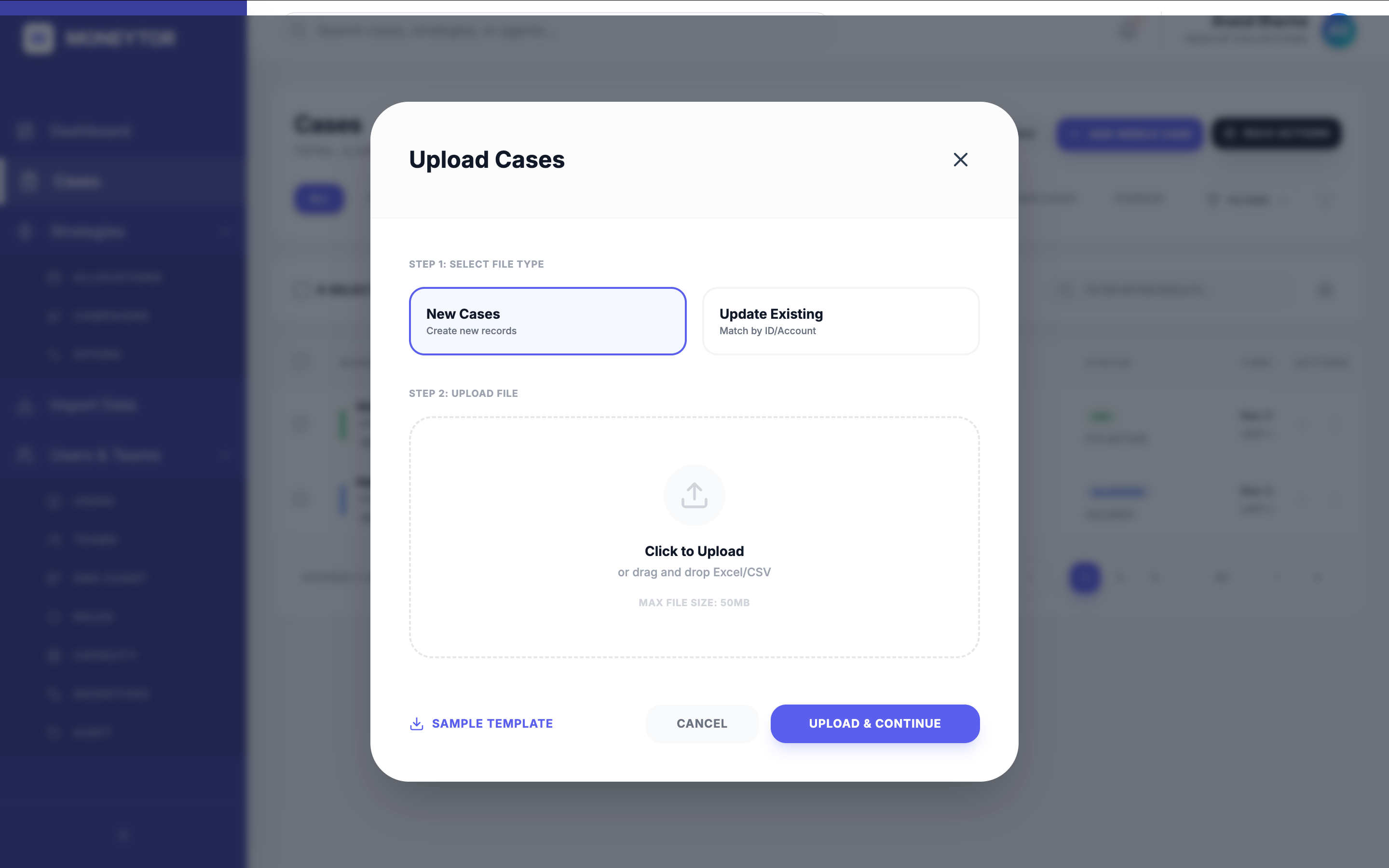 Upload Cases — bulk Excel/CSV ingestion