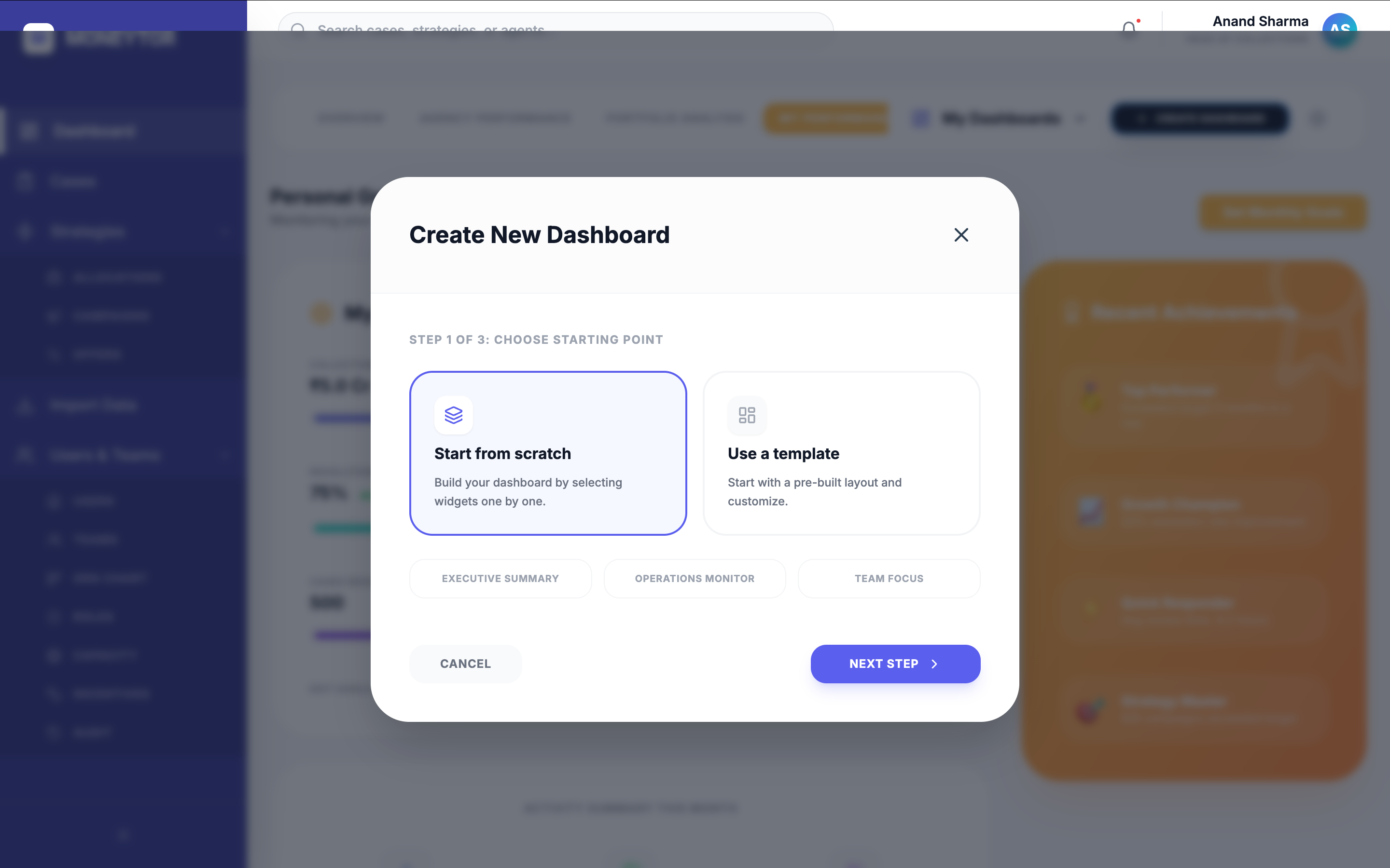 Create New Dashboard — three-step wizard