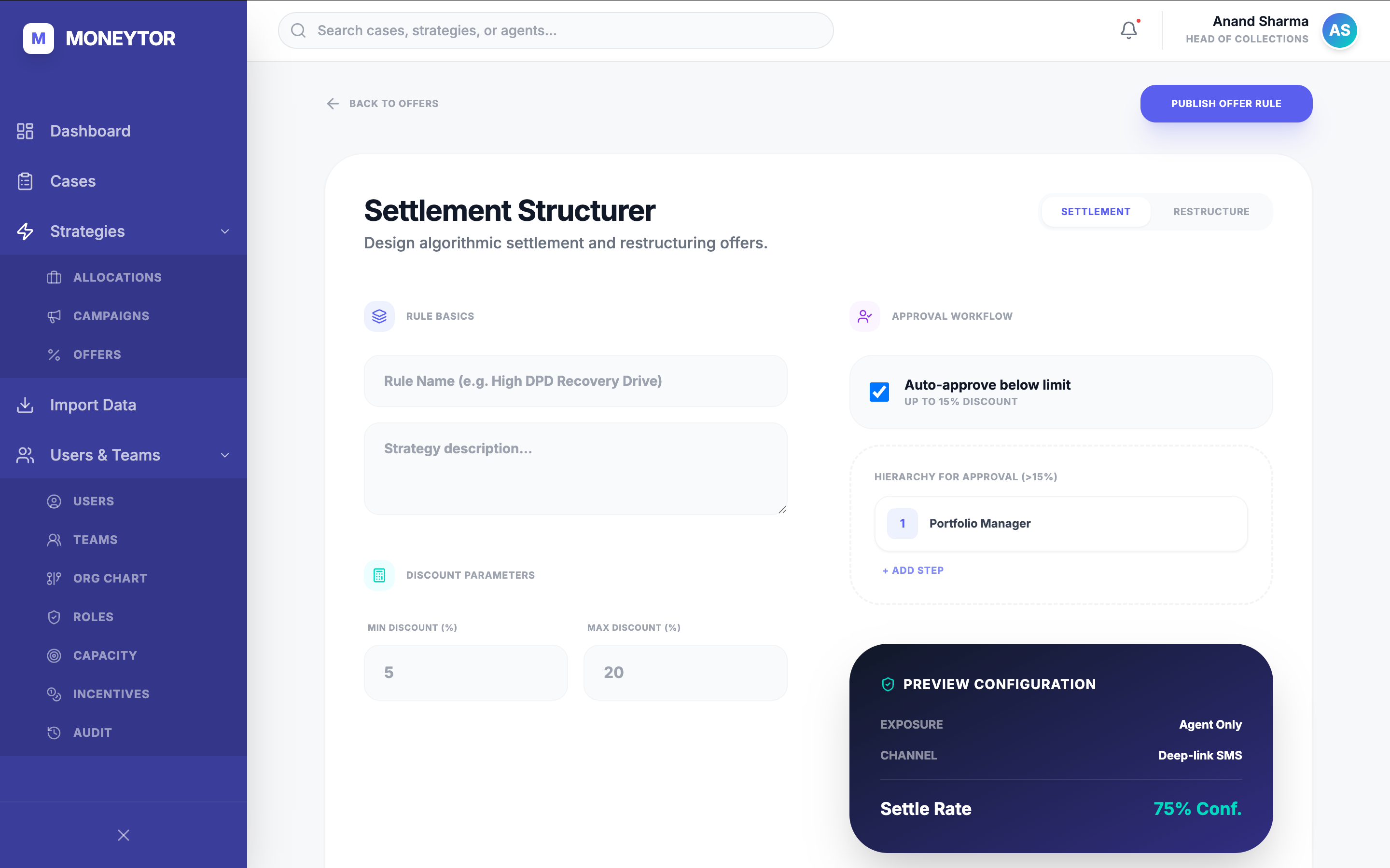 Settlement Structurer — discount slabs and approval hierarchy