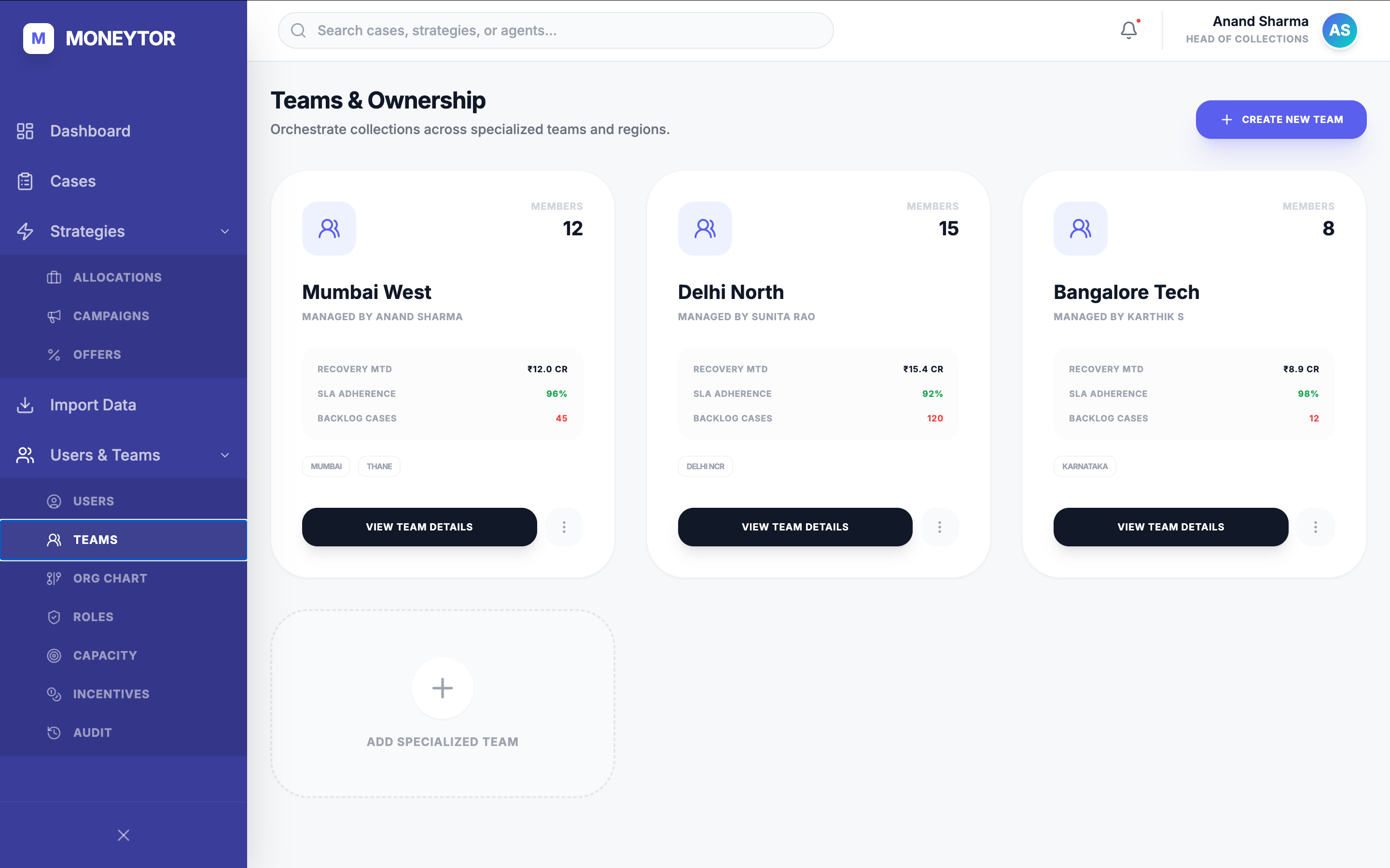 Teams & Ownership — regional teams with MTD recovery